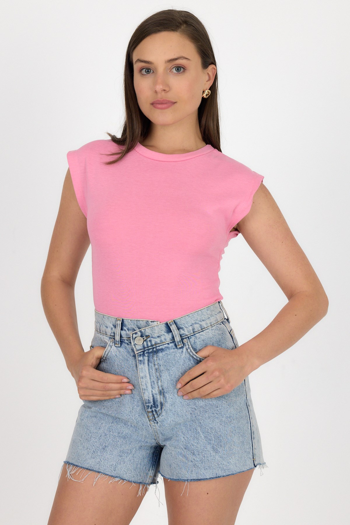 Pembe Bisiklet Yaka Pamuklu Slim Fit Tişört 3050