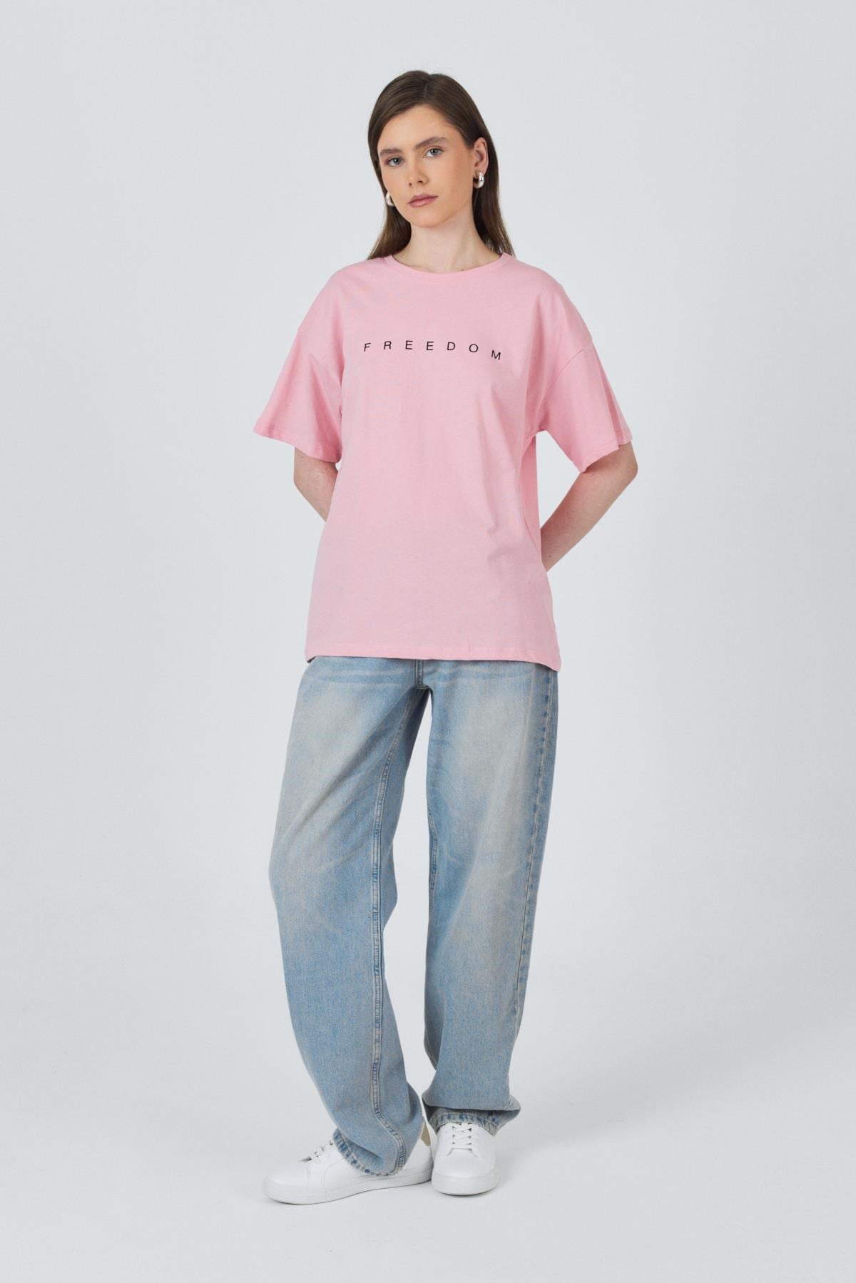 Pembe Yazı Baskılı Pamuklu Oversize Tişört 2150-3M 8