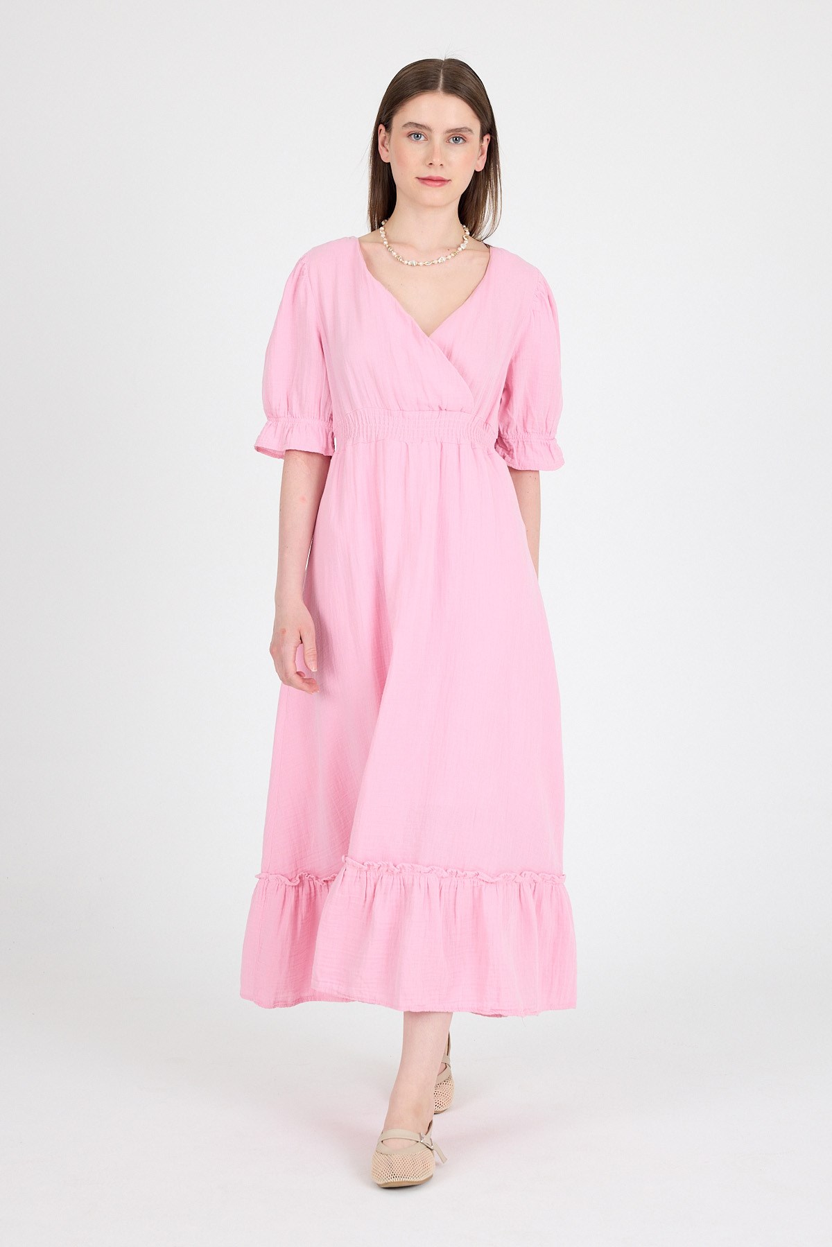 Pembe %100 Pamuk Müslin V Yaka Bel Lastikli Midi Elbise 4780A
