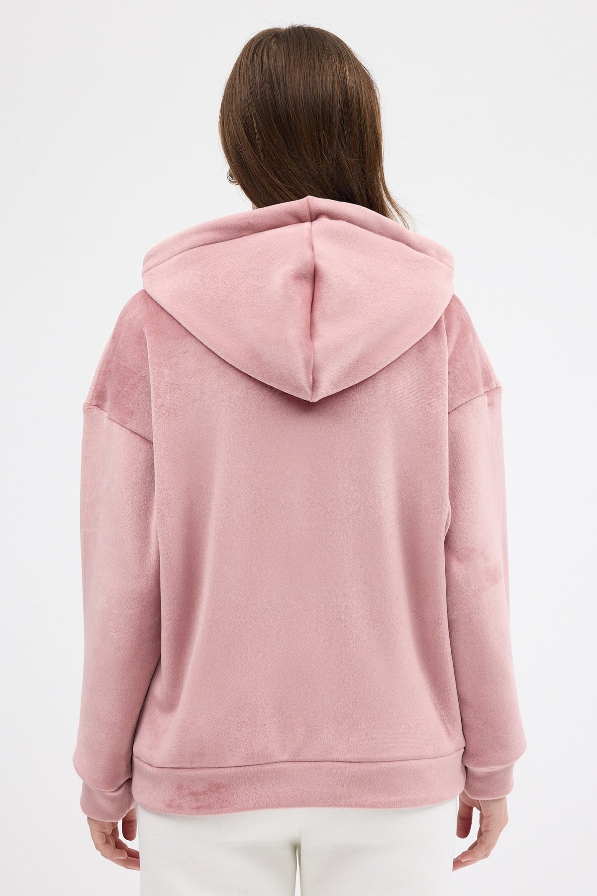 Pembe Kadın Peluş Kanguru Cepli Kapüşonlu Sweatshirt 3061A 5