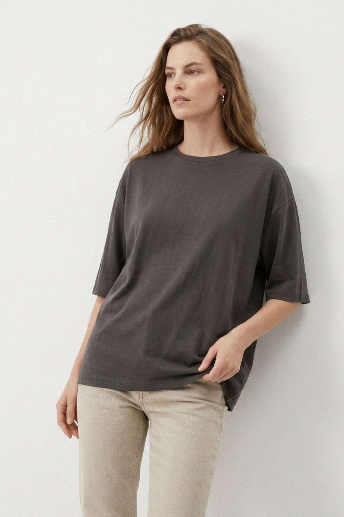 Bisiklet Yaka Oversize Tişört 3659 Füme