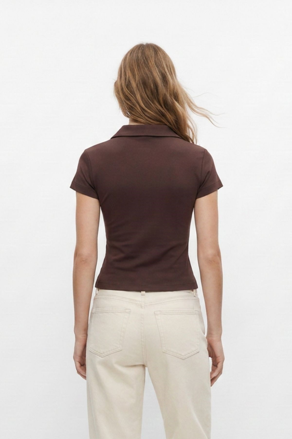 Polo Yaka Kısa Kol Crop Tişört 26651 Kahve 3
