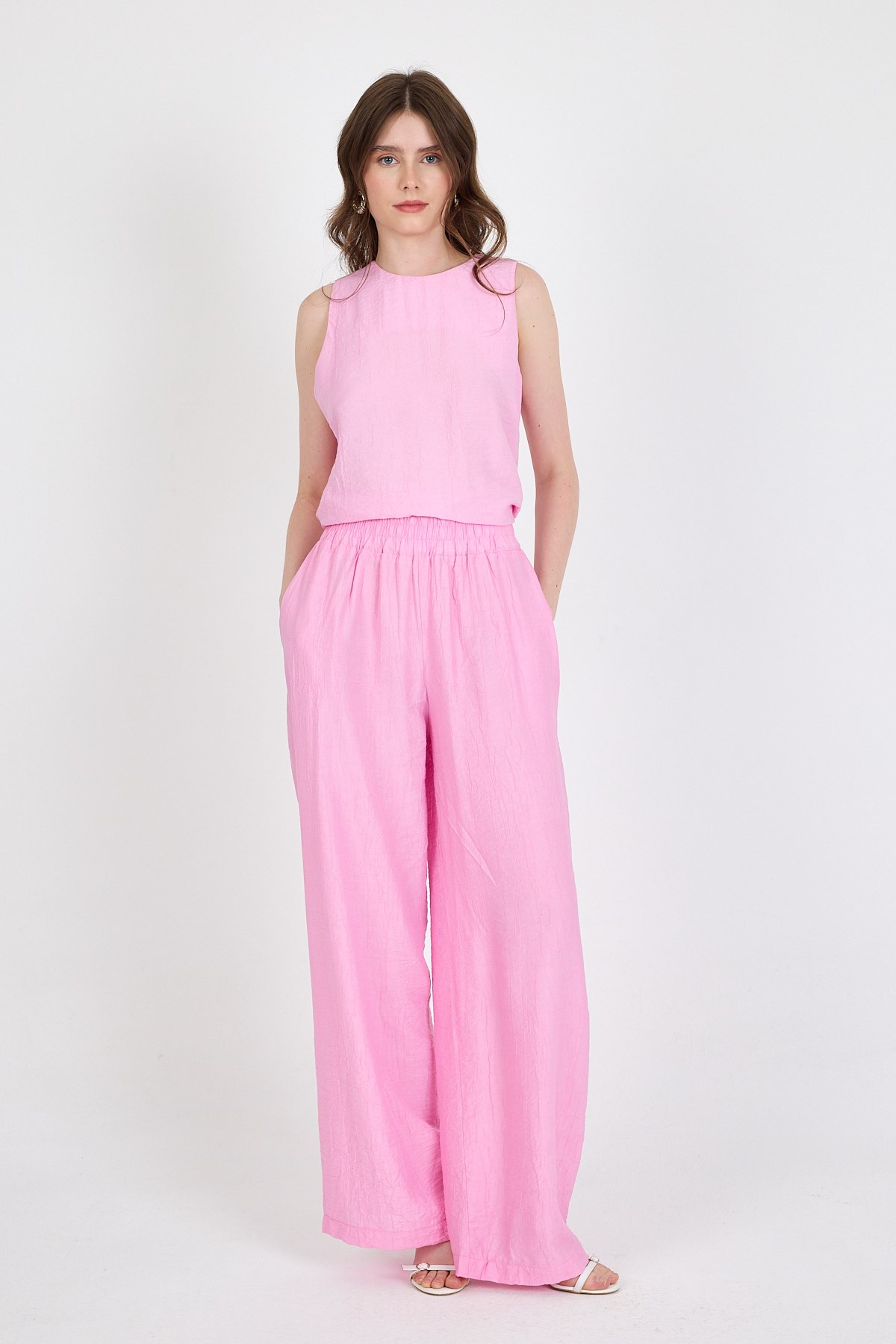 Şeker Pembe  Asimetrik Kesim Bluz Pantolon İkili Takım 5219