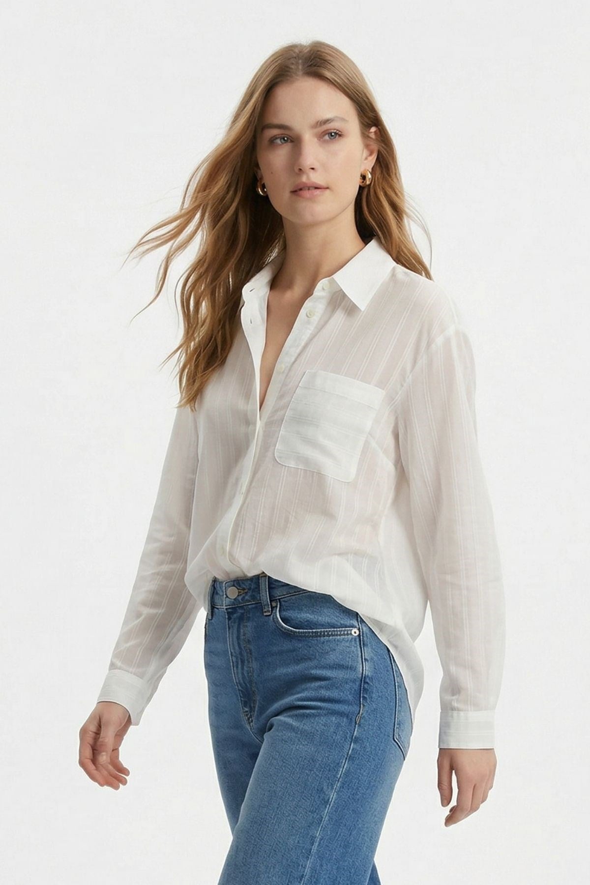 Cepli Çizgili Oversize Gömlek 5449 Ekru