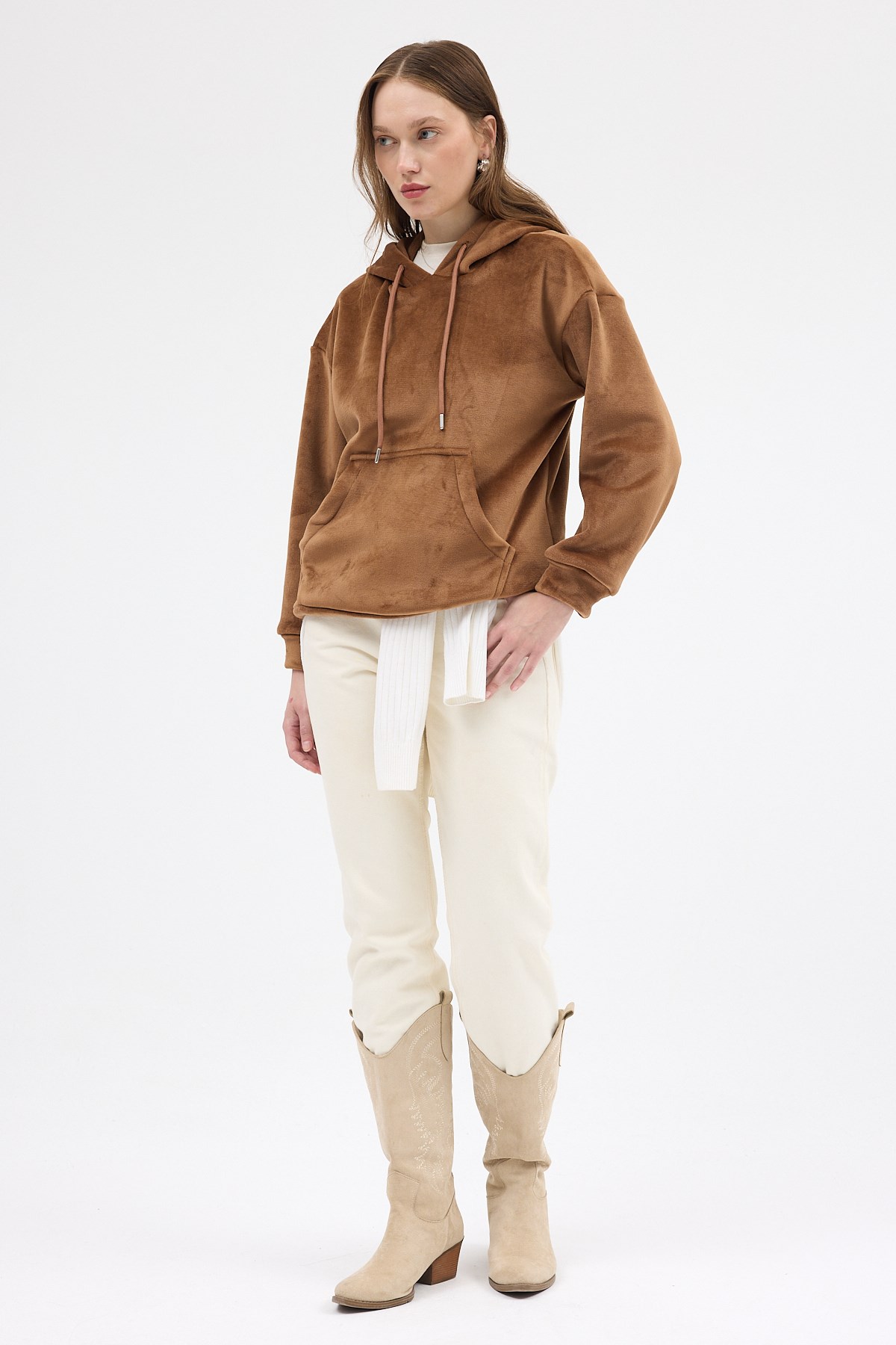 Taba Kadın Peluş Kanguru Cepli Kapüşonlu Sweatshirt 3061A 3