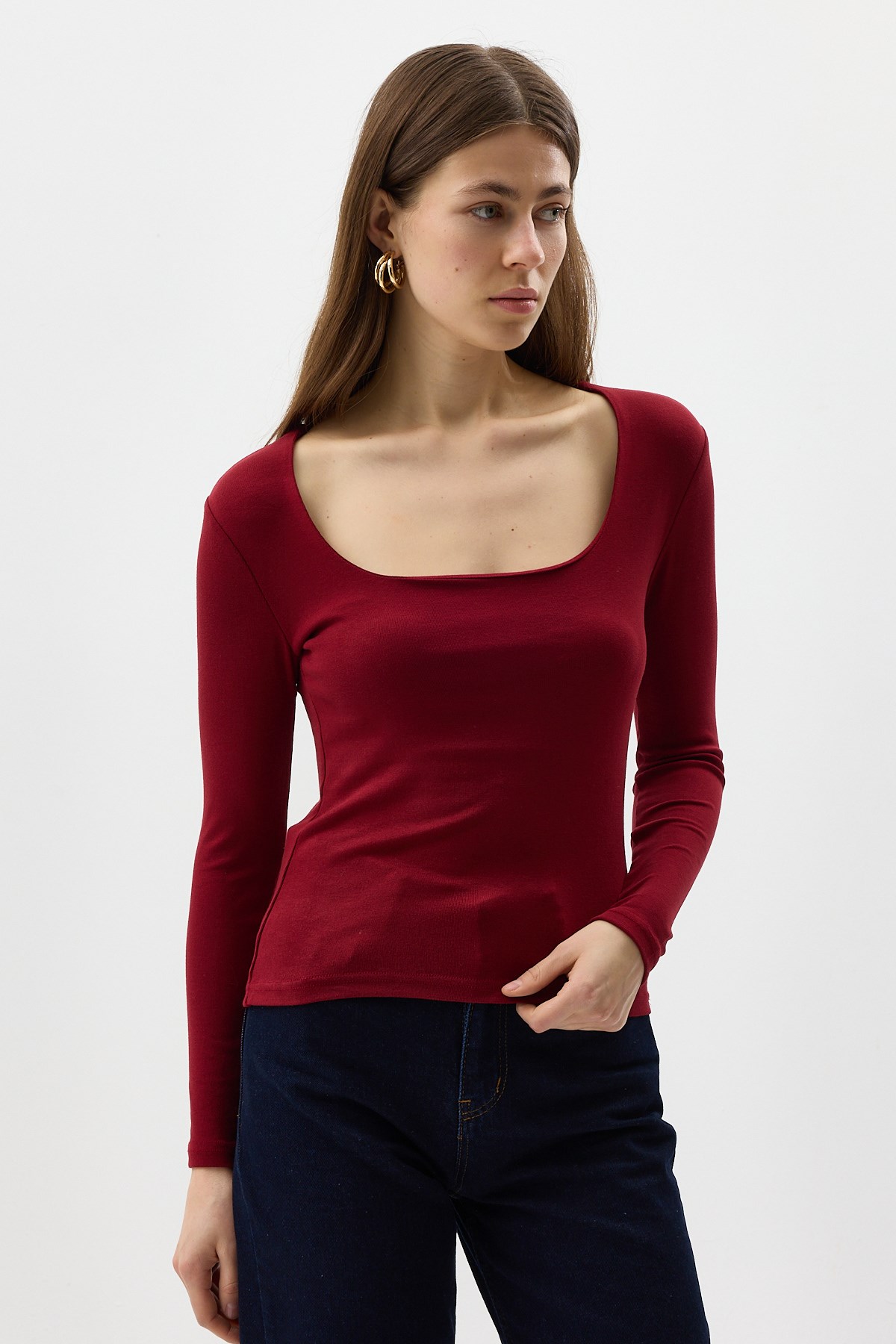 Bordo Kare Yaka Uzun Kollu Fitilli Kadın Body 8267A