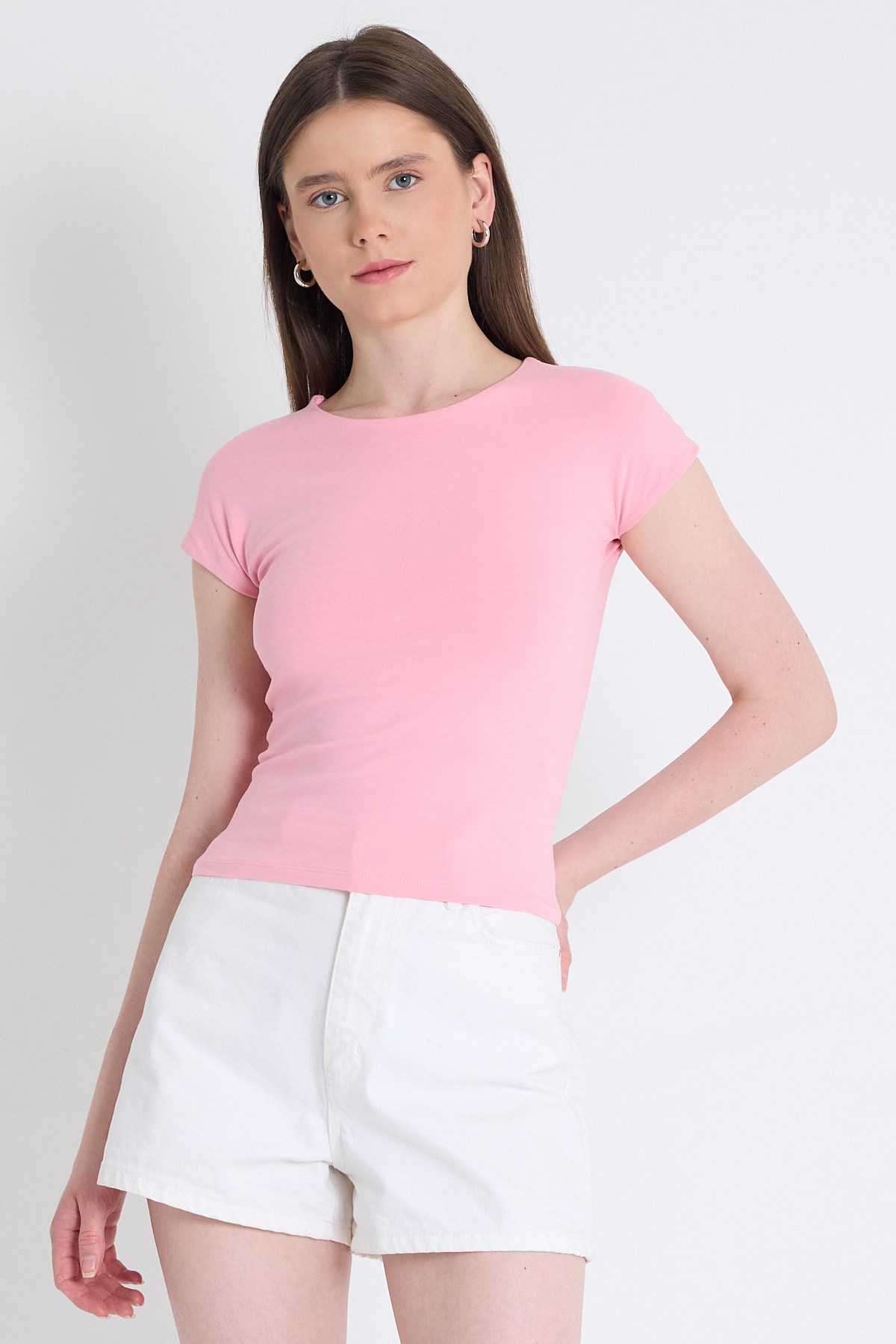 Pembe Bisiklet Yaka Pamuklu Slim Fit Tişört 9190