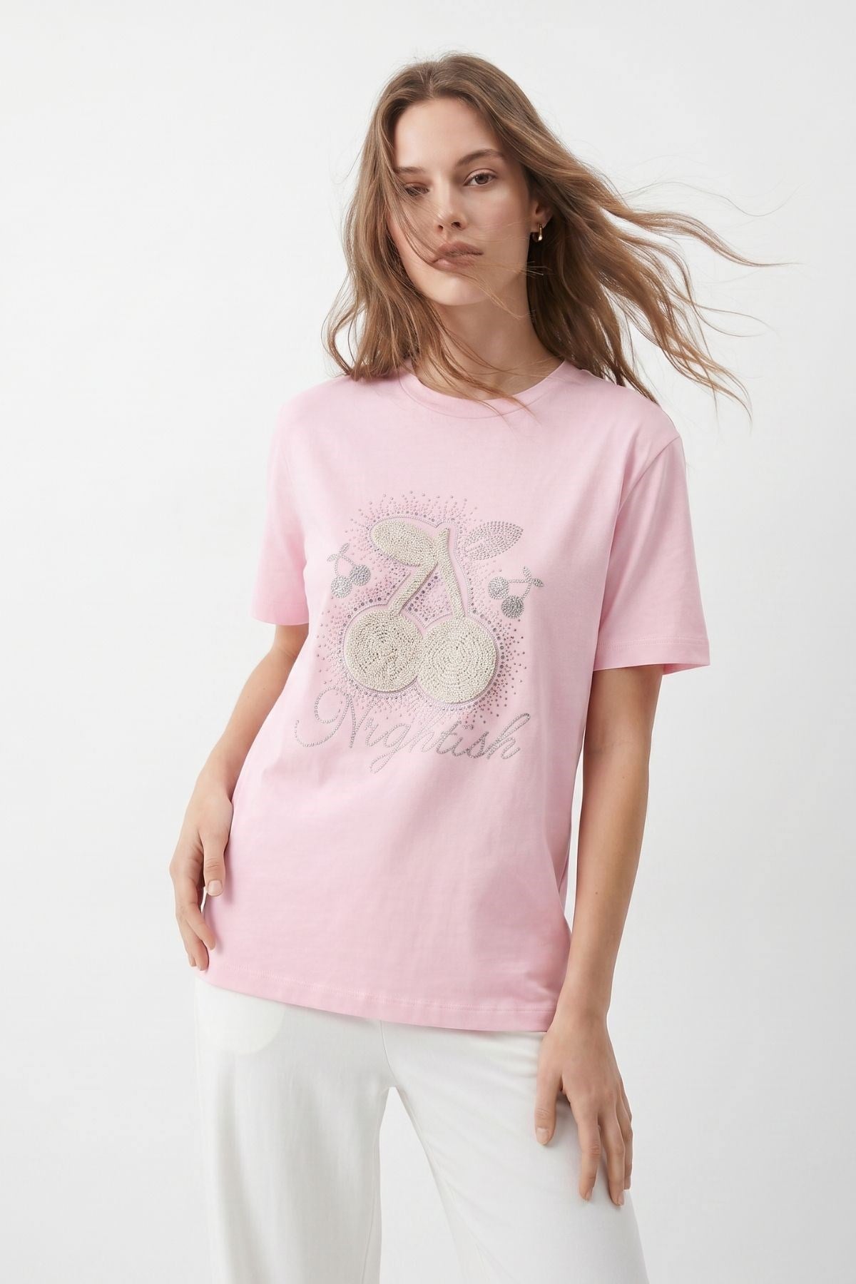 Taşlı Kiraz Desenli Crop Tişört 26750 Pembe