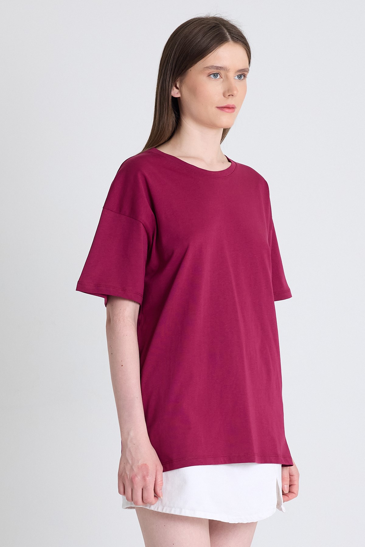 Bordo Arka Yazı Baskılı Kalpli %100 Pamuk Oversize Tişört 2150-33M 2