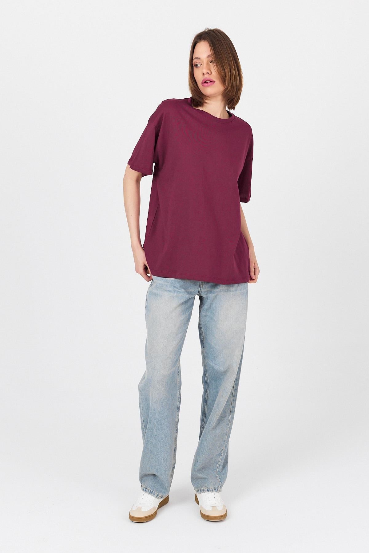 Bordo Omuz Yazı Baskılı %100 Pamuk Oversize Tişört 2150-30M 2