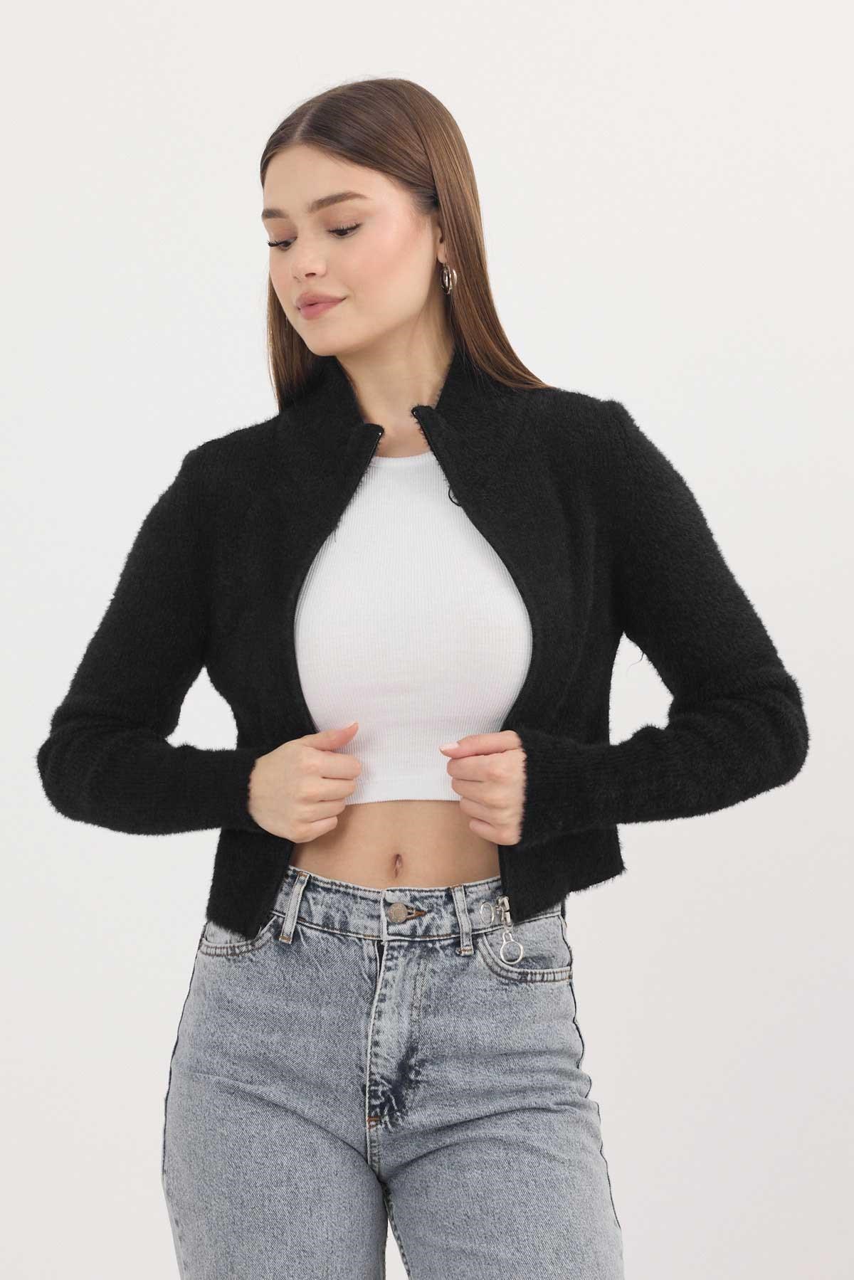Fermuarlı Kısa Yumoş Hırka 6806 Siyah 3