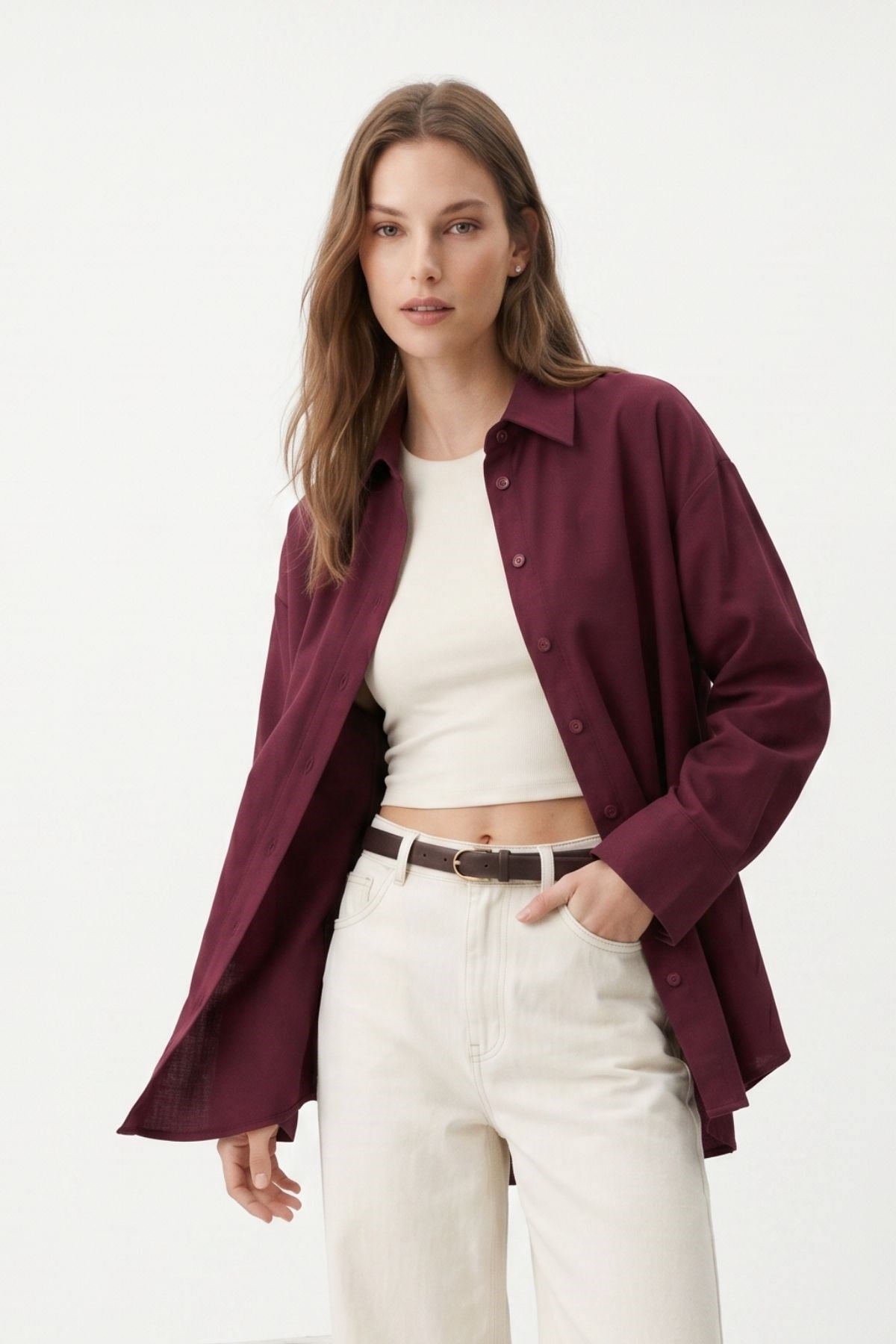 Bordo Relaxed Fit Rahat Kesim Basic Gömlek - 6621A 4