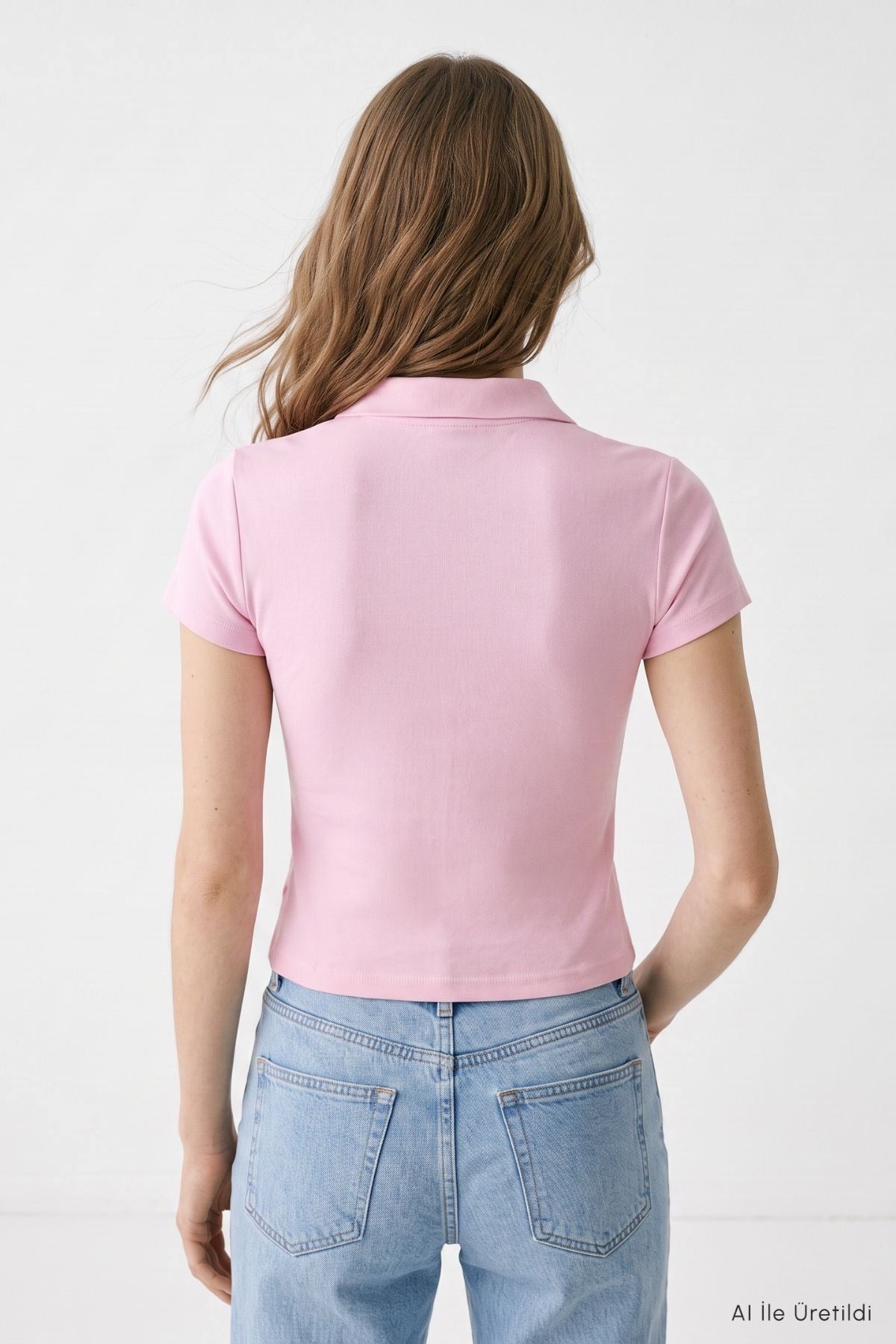 Polo Yaka Kısa Kol Crop Tişört 26651 Pembe 3