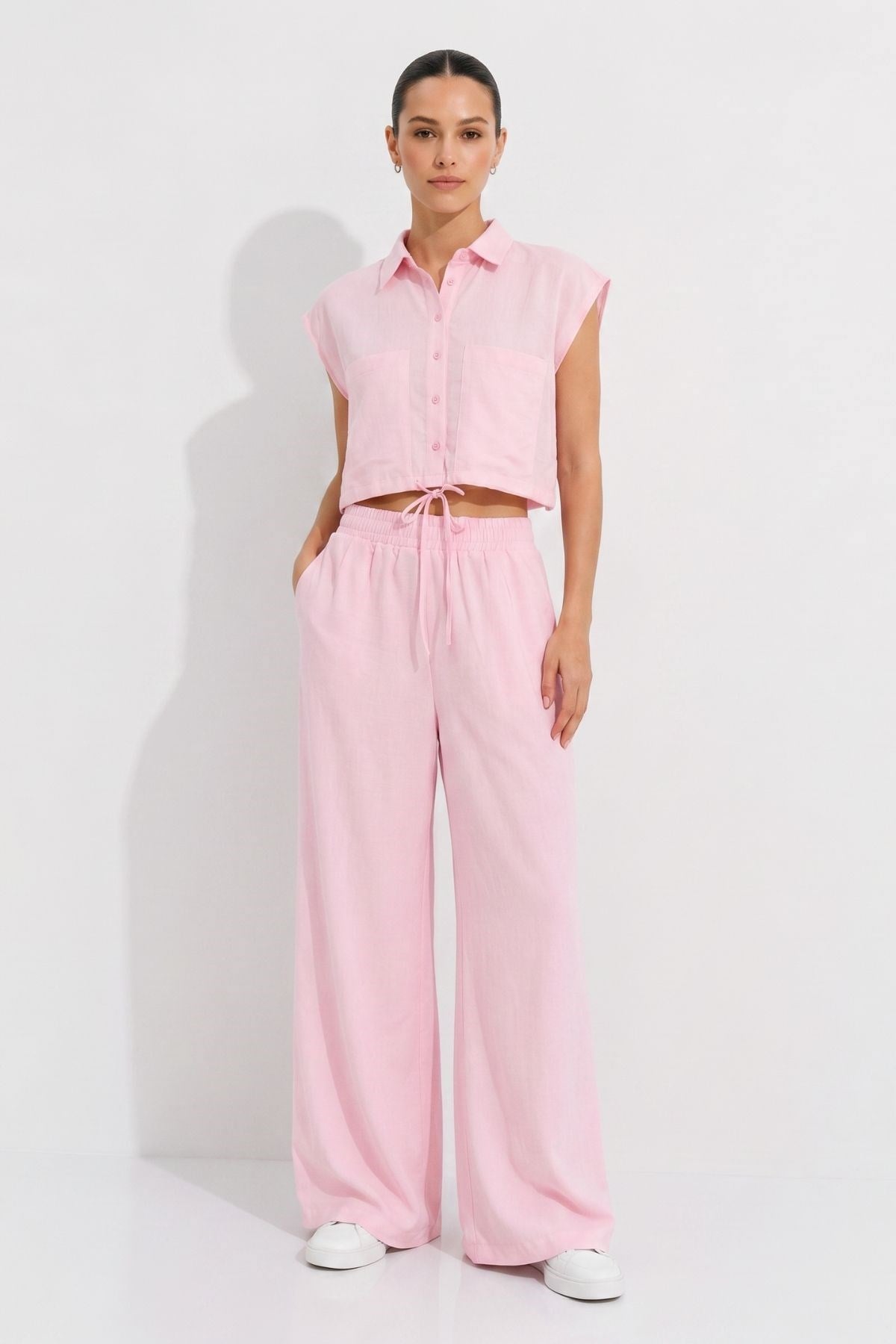 Cepli crop Gömlek Pantolon Takım 7157 Pembe