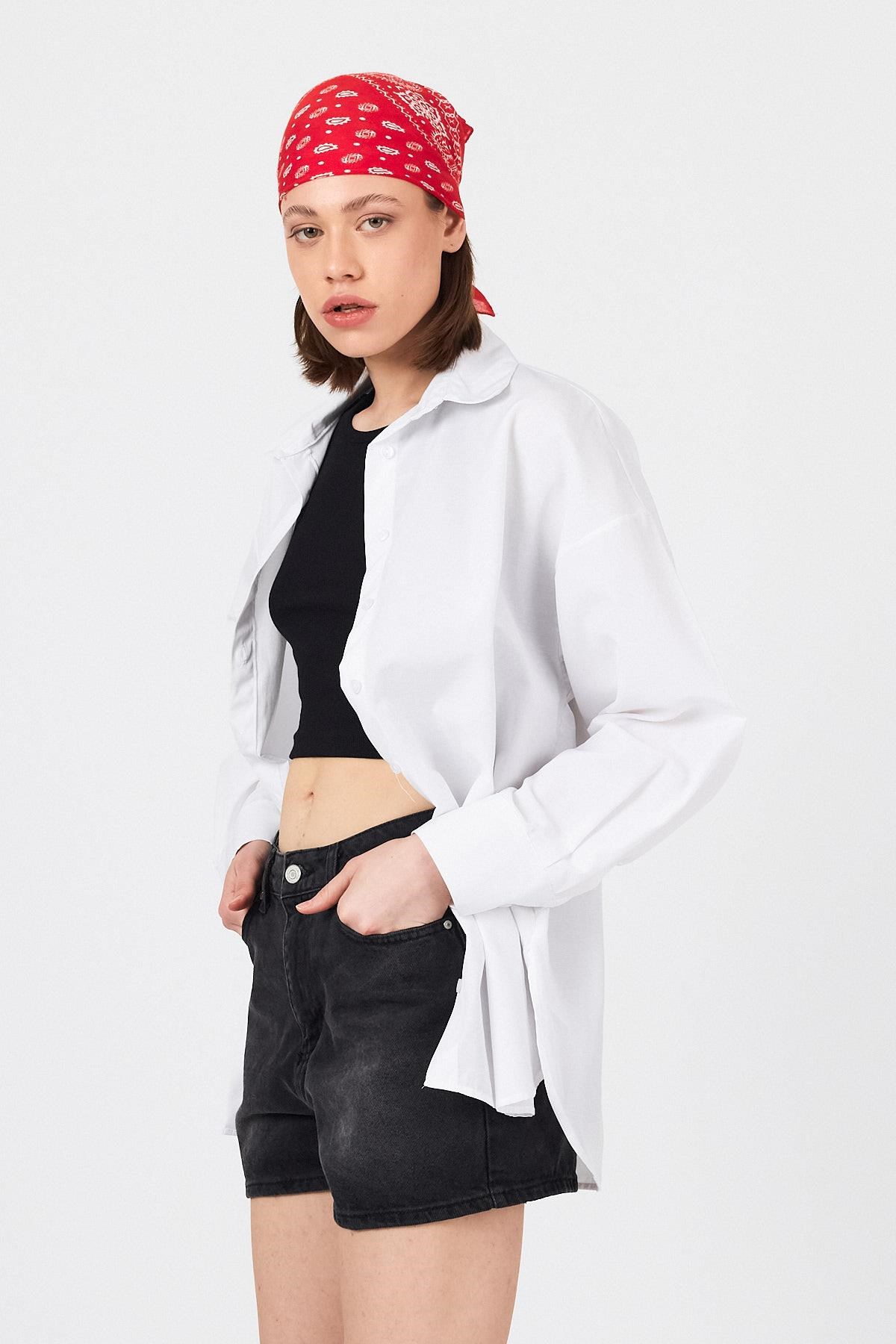 Beyaz Oversize Basic Uzun Gömlek 4664A 4