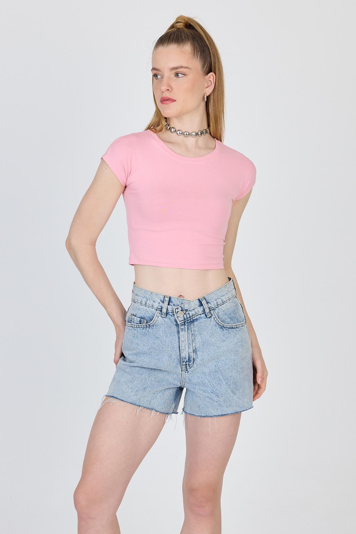 Pembe Bisiklet Yaka Pamuklu Slim Fit Crop Tişört 9199M 6