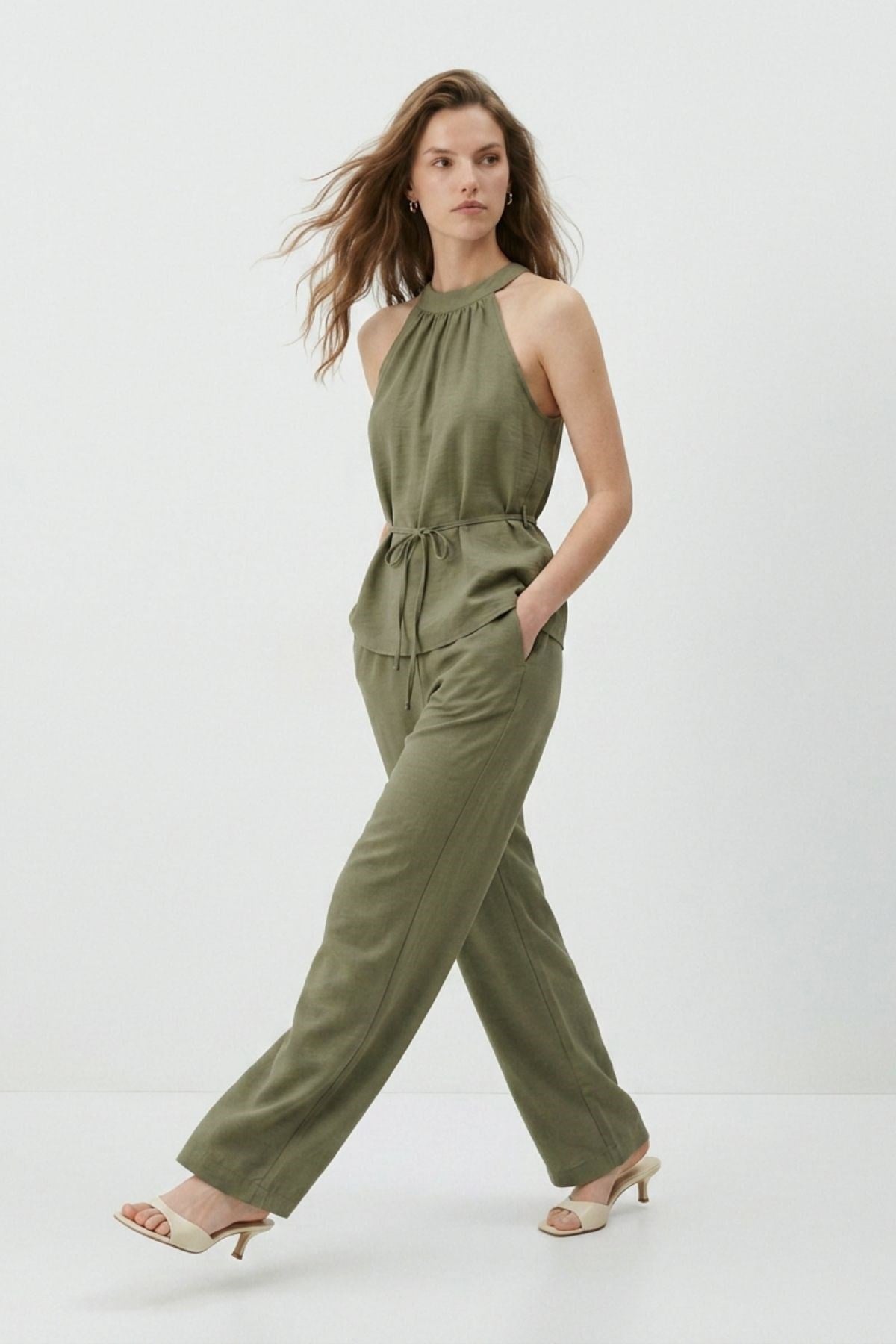 Halter Yaka Bluz Geniş Paça Pantolon 7130 Haki 2