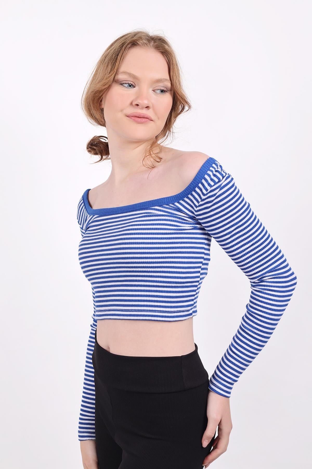Kare Yaka Çizgili Crop Bluz 9904 Saks 3
