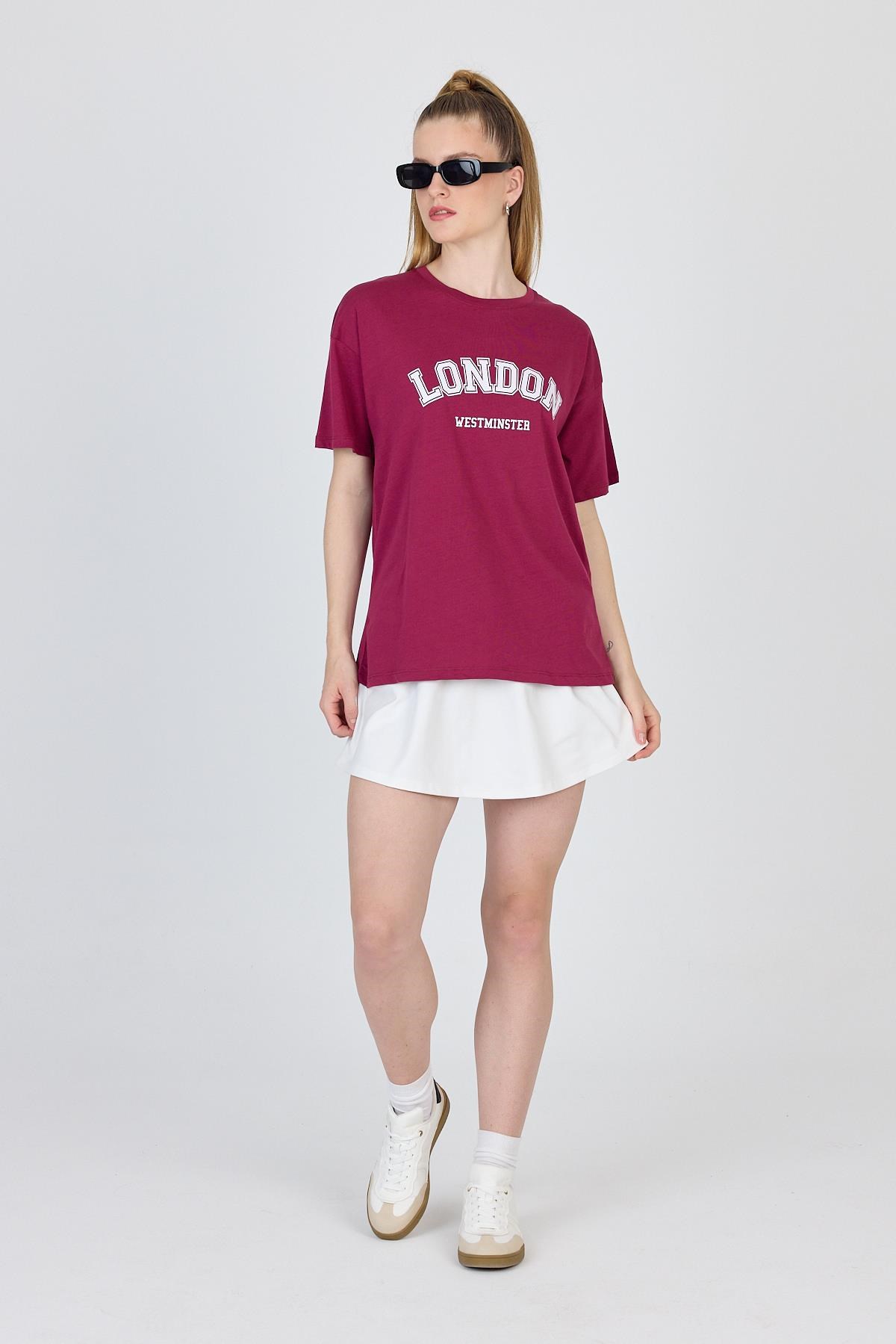 Bordo Yazı Baskılı %100 Pamuk Oversize Tişört 2150-9M 2