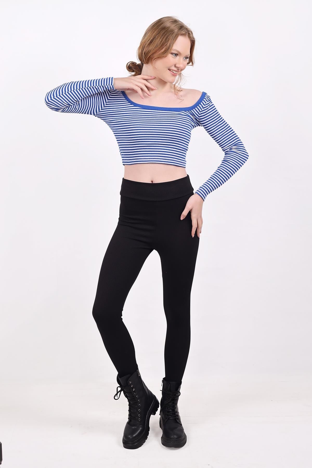 Kare Yaka Çizgili Crop Bluz 9904 Saks 8