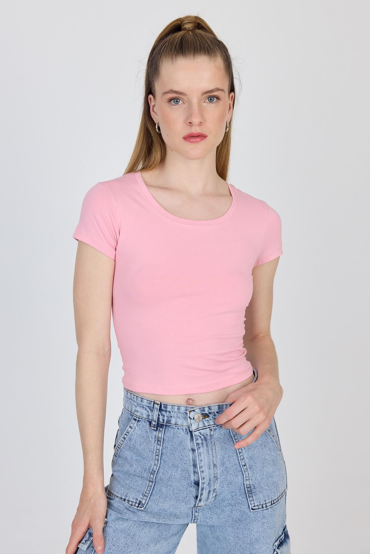 Pembe Bisiklet Yaka Basic Crop Tişört 9200M 2
