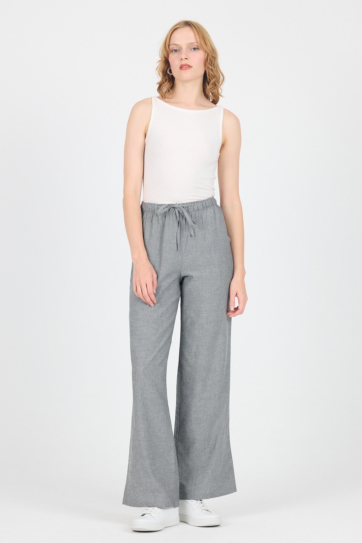 Gri Pamuklu Bel Lastikli Wide Leg/Bol Paça Pantolon 4754A