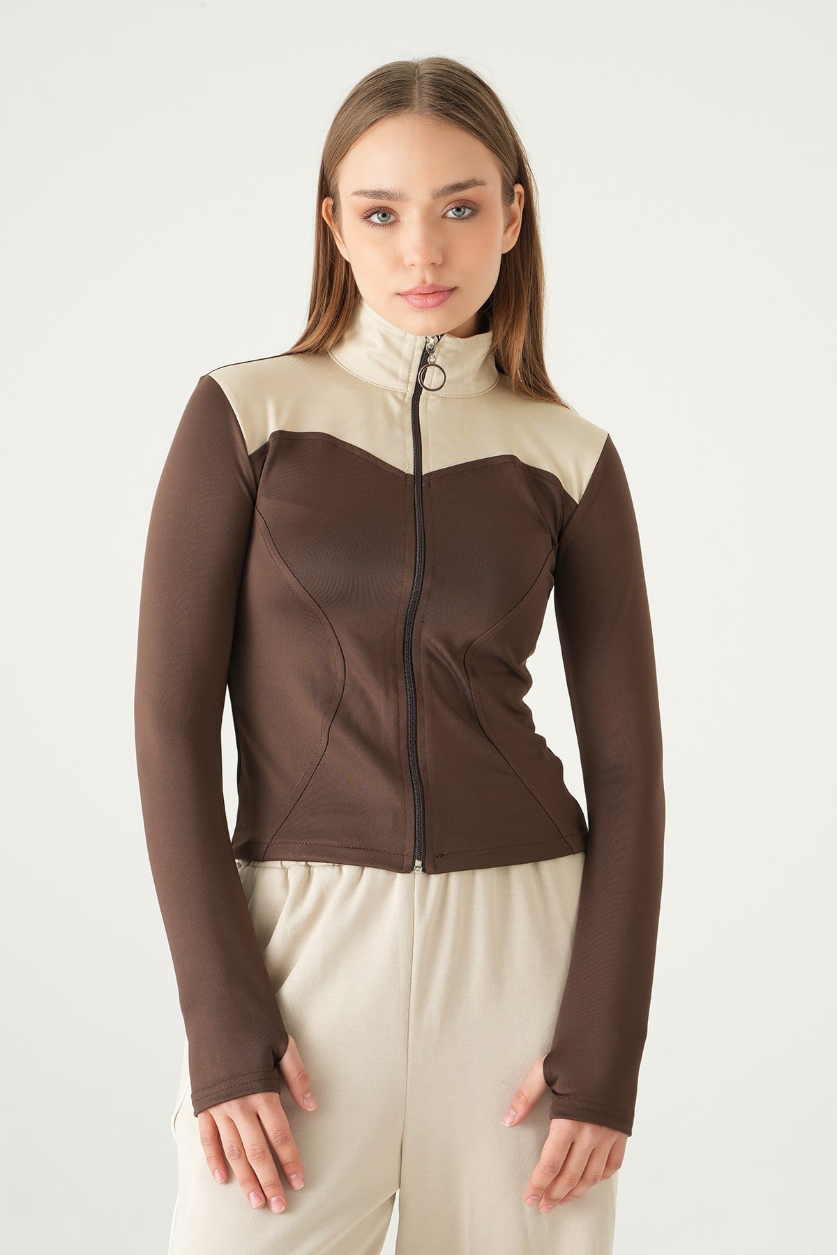 Ön Şeritli Fermuarlı Sweat 8325A Kahve