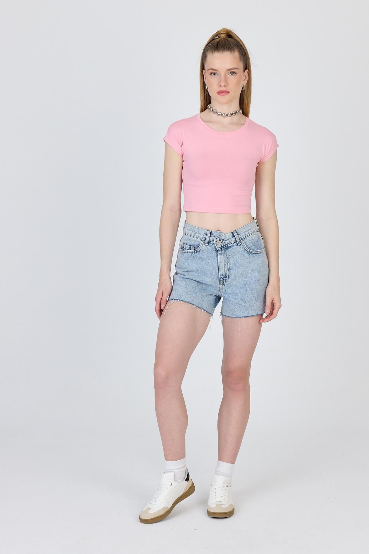 Pembe Bisiklet Yaka Pamuklu Slim Fit Crop Tişört 9199M 2