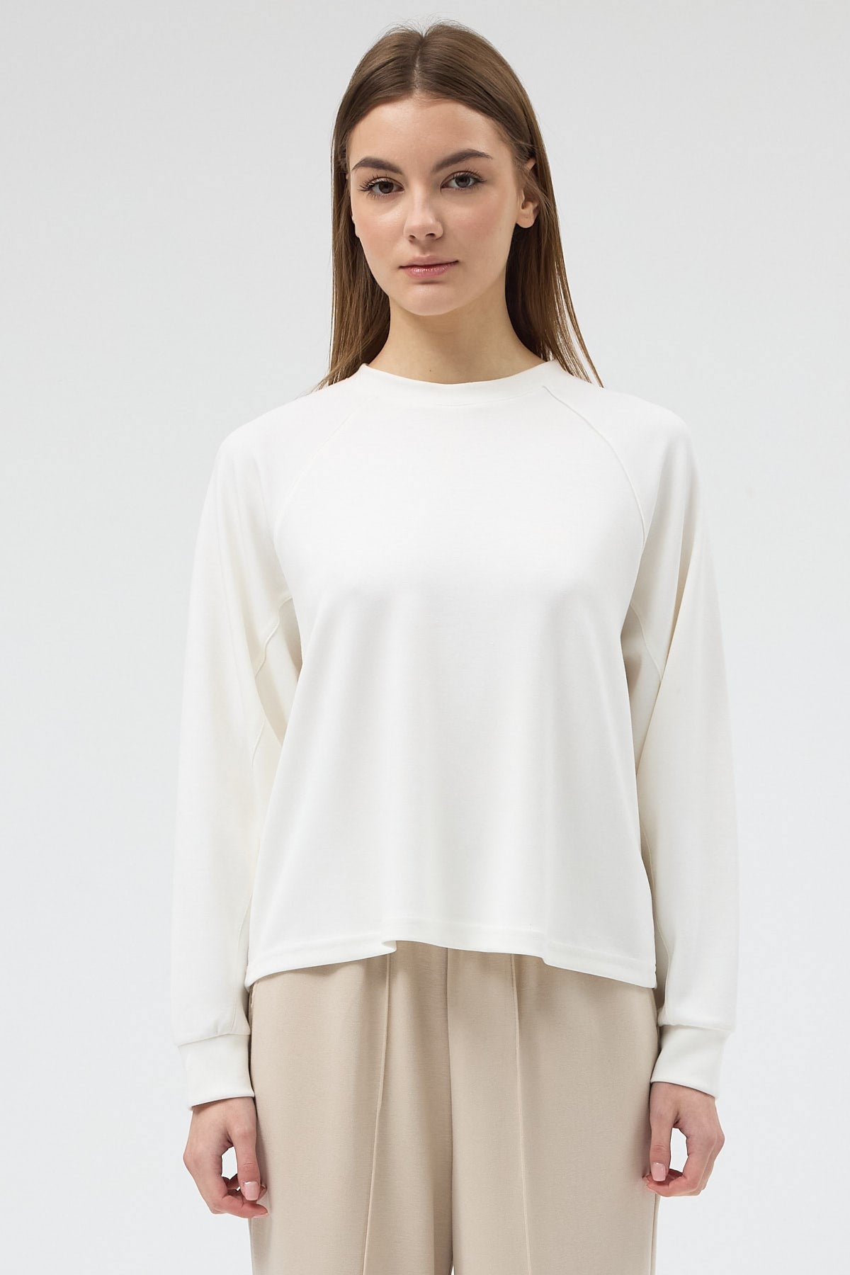 Ekru Oversize Bisiklet Yaka Kadın Sweat 8251A