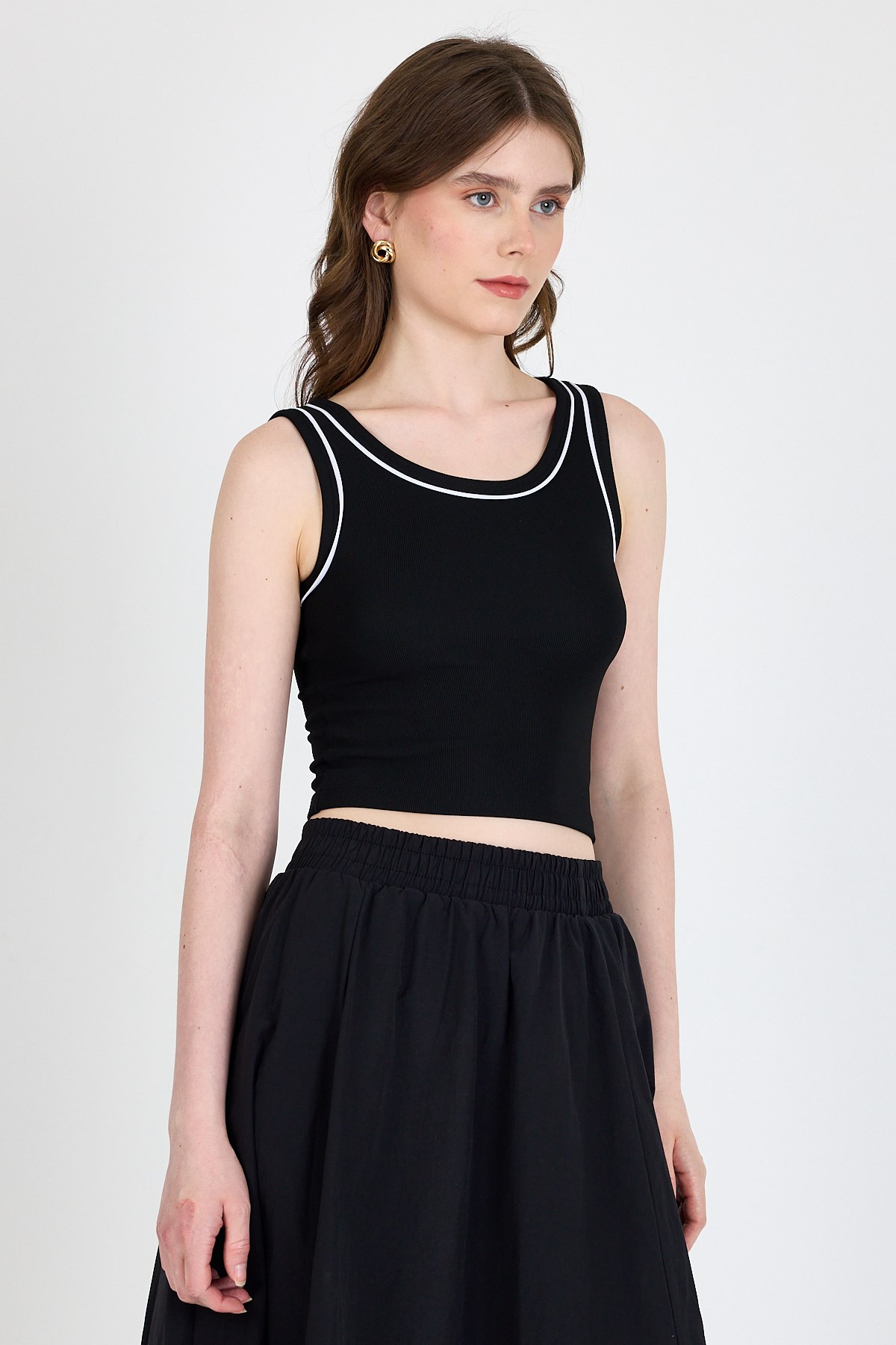 Siyah Şerit Detaylı Örme Crop Atlet 1049 6