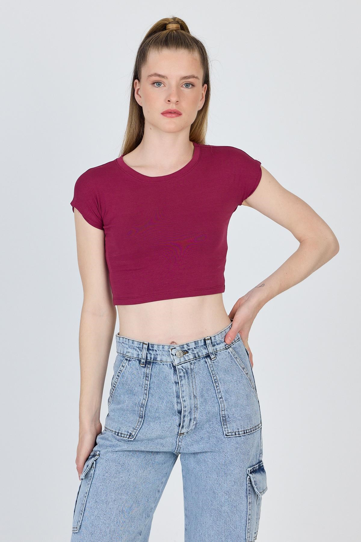 Bordo Bisiklet Yaka Pamuklu Slim Fit Crop Tişört 9199M