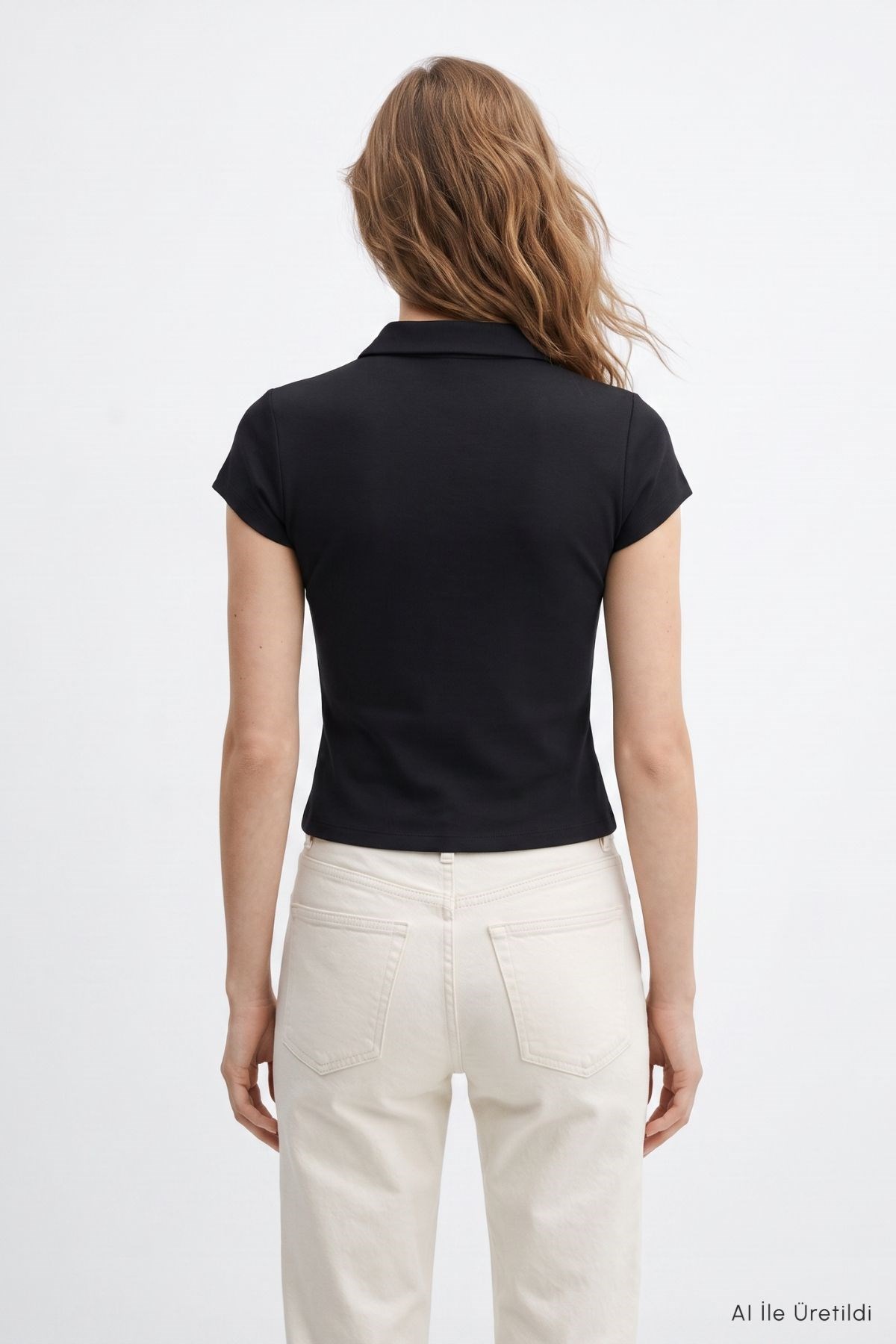 Polo Yaka Kısa Kol Crop Tişört 26651 Siyah 3