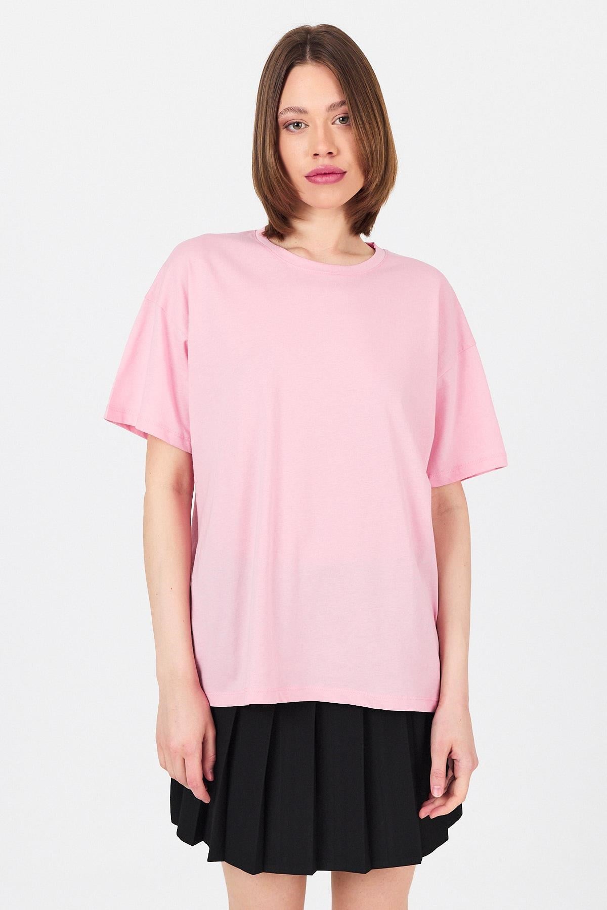 Pembe Arka Yazı Baskılı Kalpli %100 Pamuk Oversize Tişört 2150-33M 2