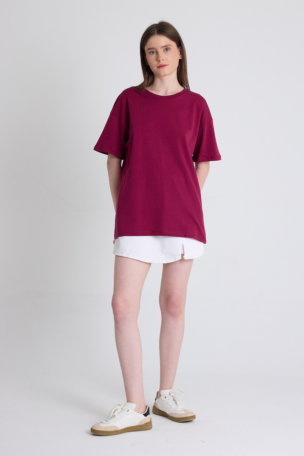 Bordo Arka Yazı Baskılı Kalpli %100 Pamuk Oversize Tişört 2150-33M 3