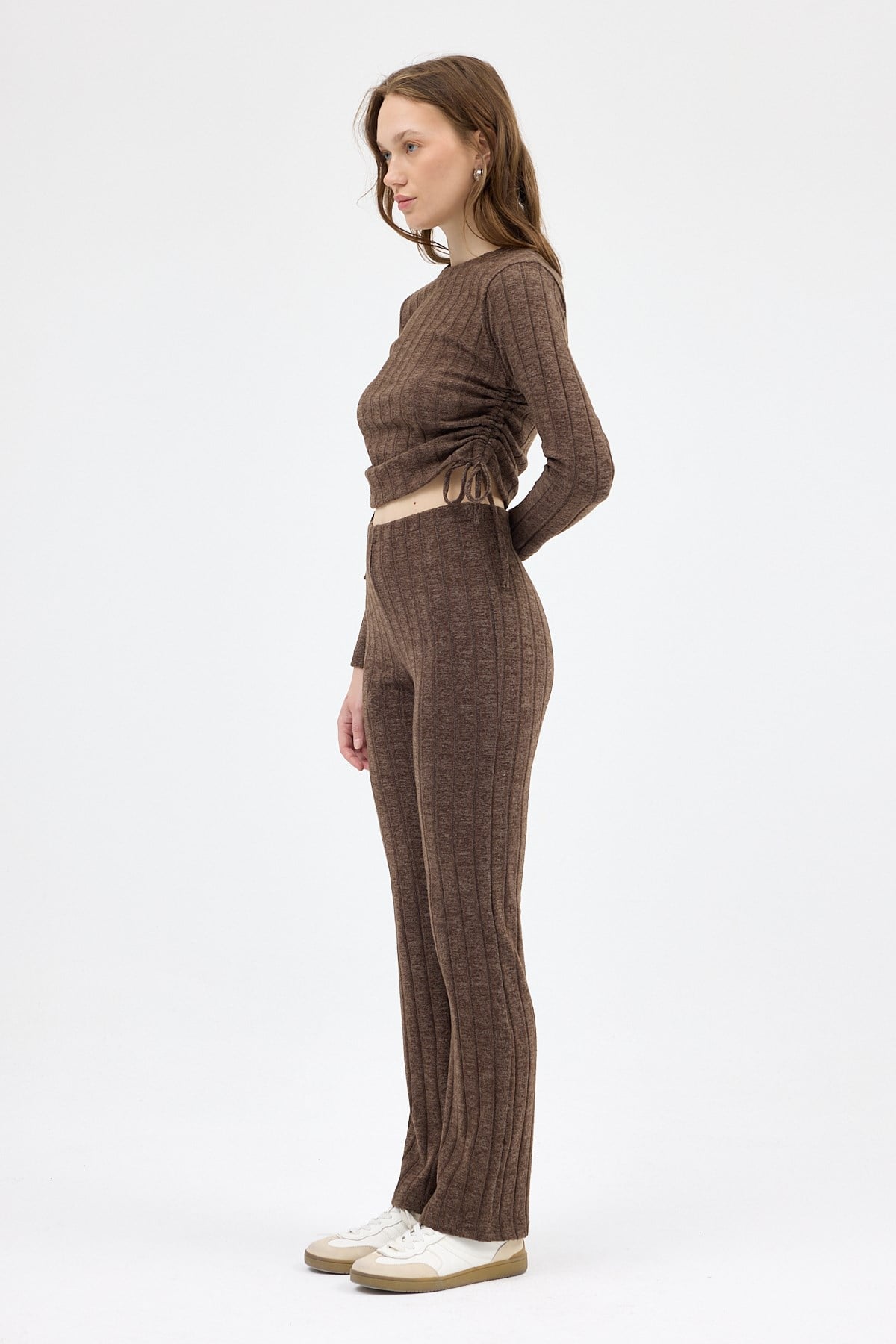 Kahve Fitilli Crop Bluz Pantolon İkili Takımı 8114A 6