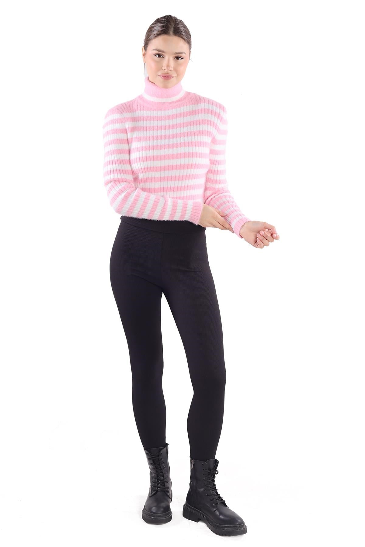 Boğazlı Çizgili Yumoş Kazak 6622 Pembe 5