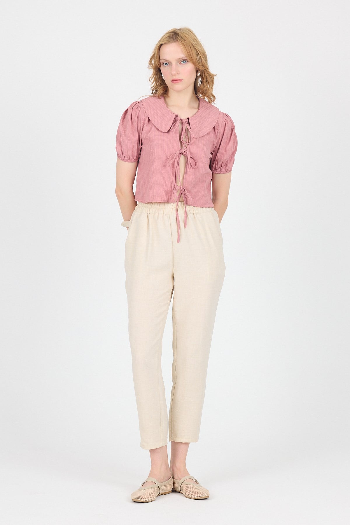 Gül Bağlama Detaylı Bebe Yaka Crop Bluz 8064 3