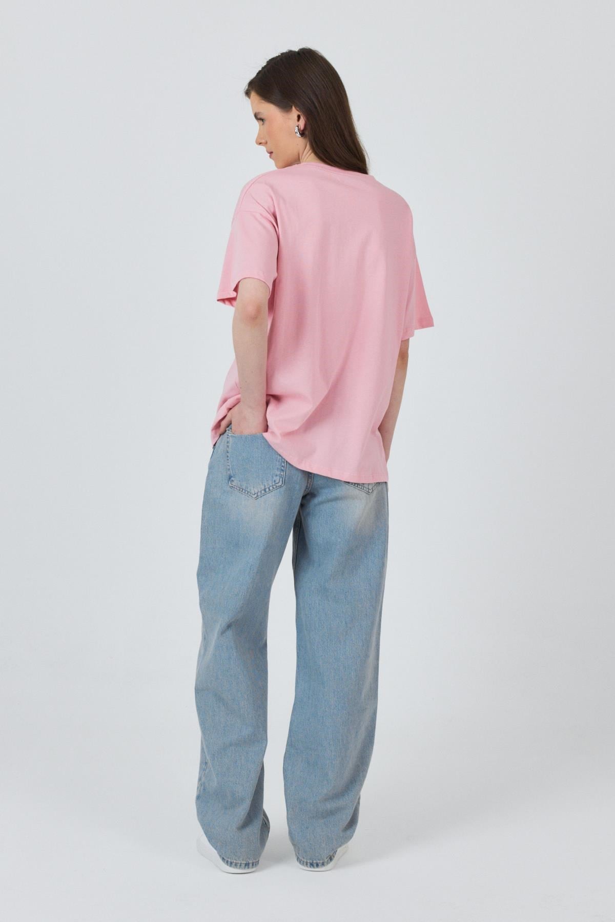 Pembe Yazı Baskılı Pamuklu Oversize Tişört 2150-3M 7