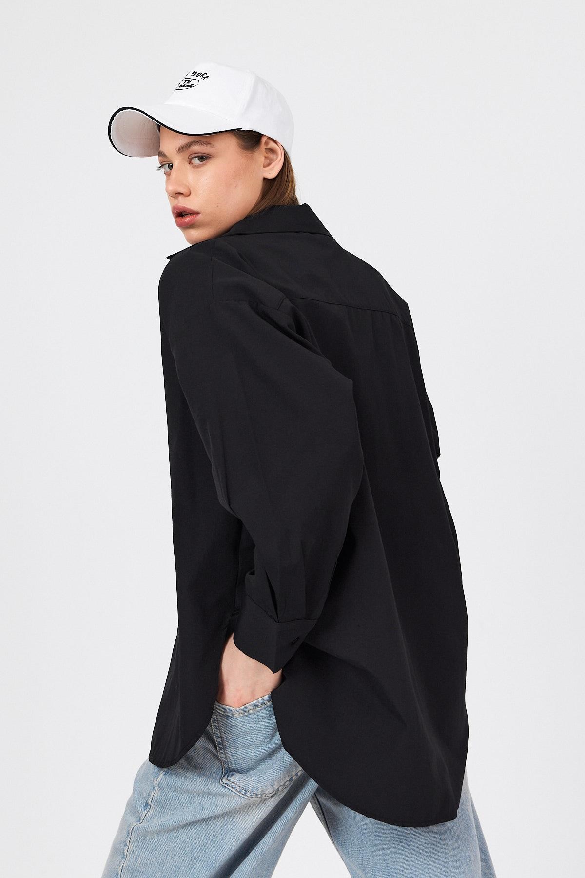 Siyah Oversize Basic Uzun Gömlek 4664A 2