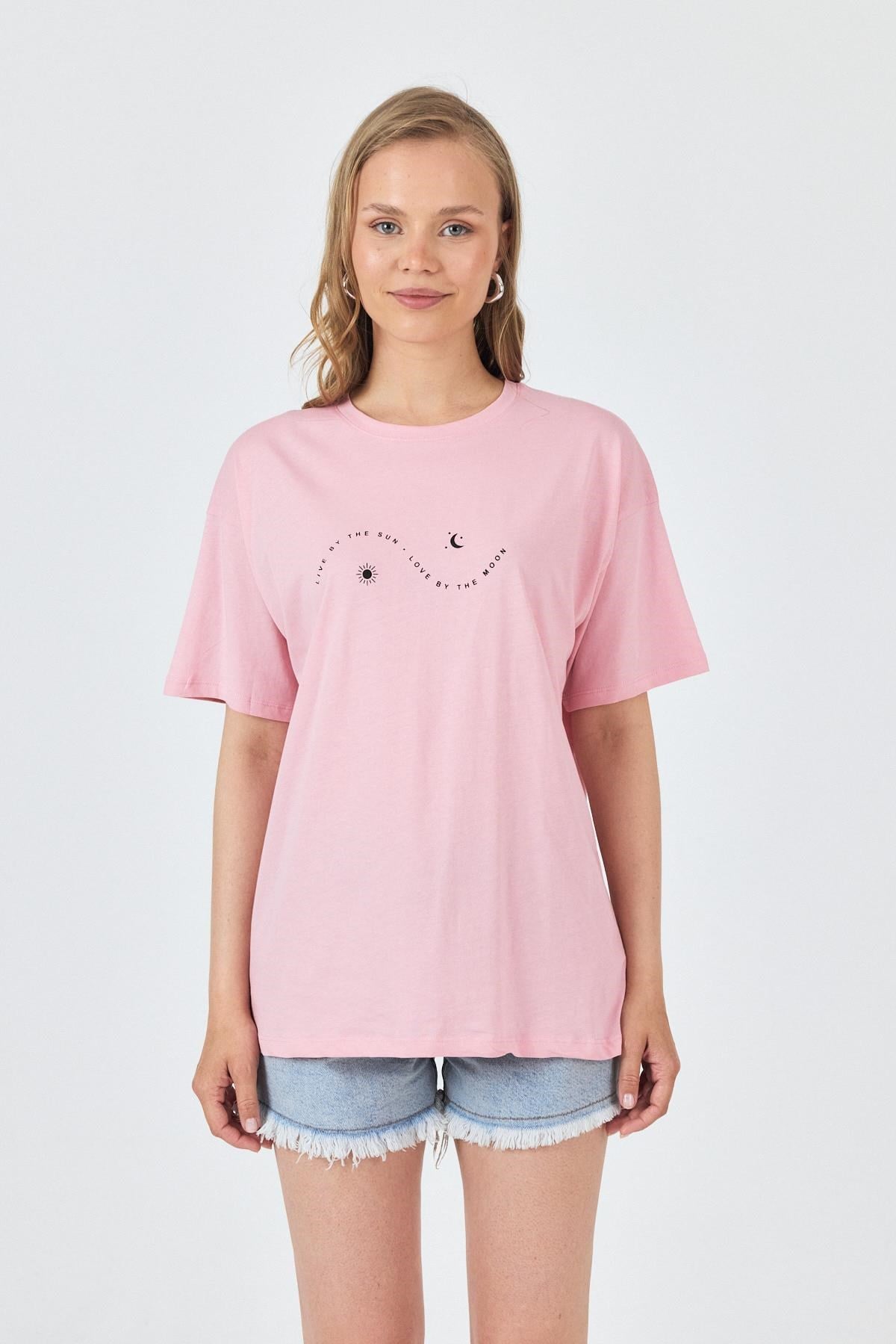 Pembe Yazı Baskılı Oversize Pamuklu Tişört 2150-32M 2