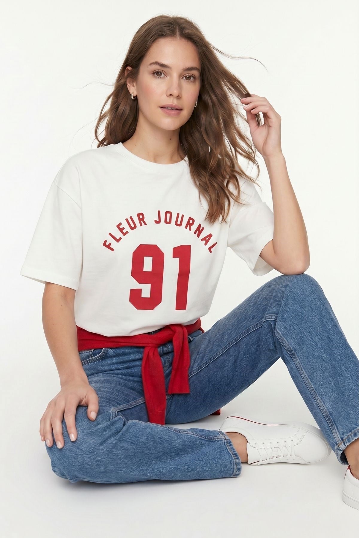 Bisiklet Yaka Kısa Kol Baskılı Oversize Tişört 8458 Ekru