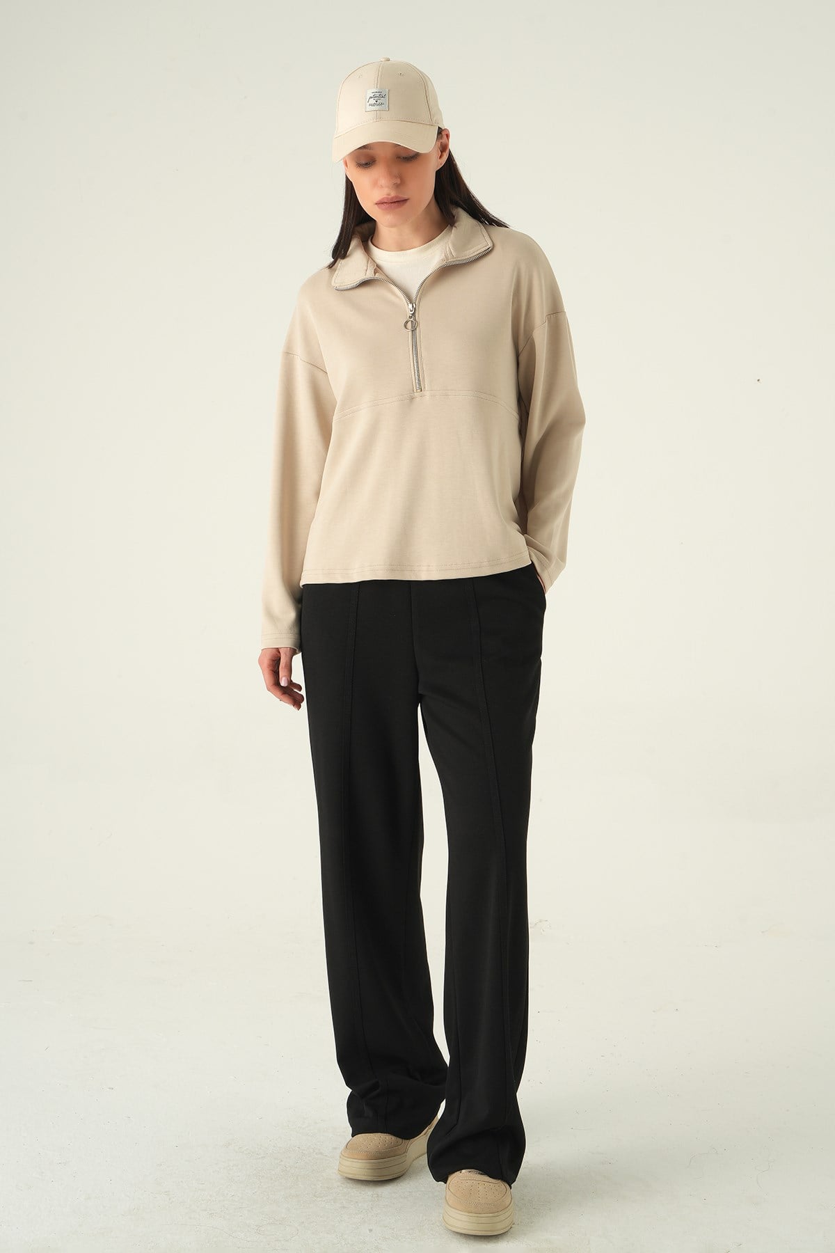 Yarım Fermuarlı Sweat 8249A Bej 3