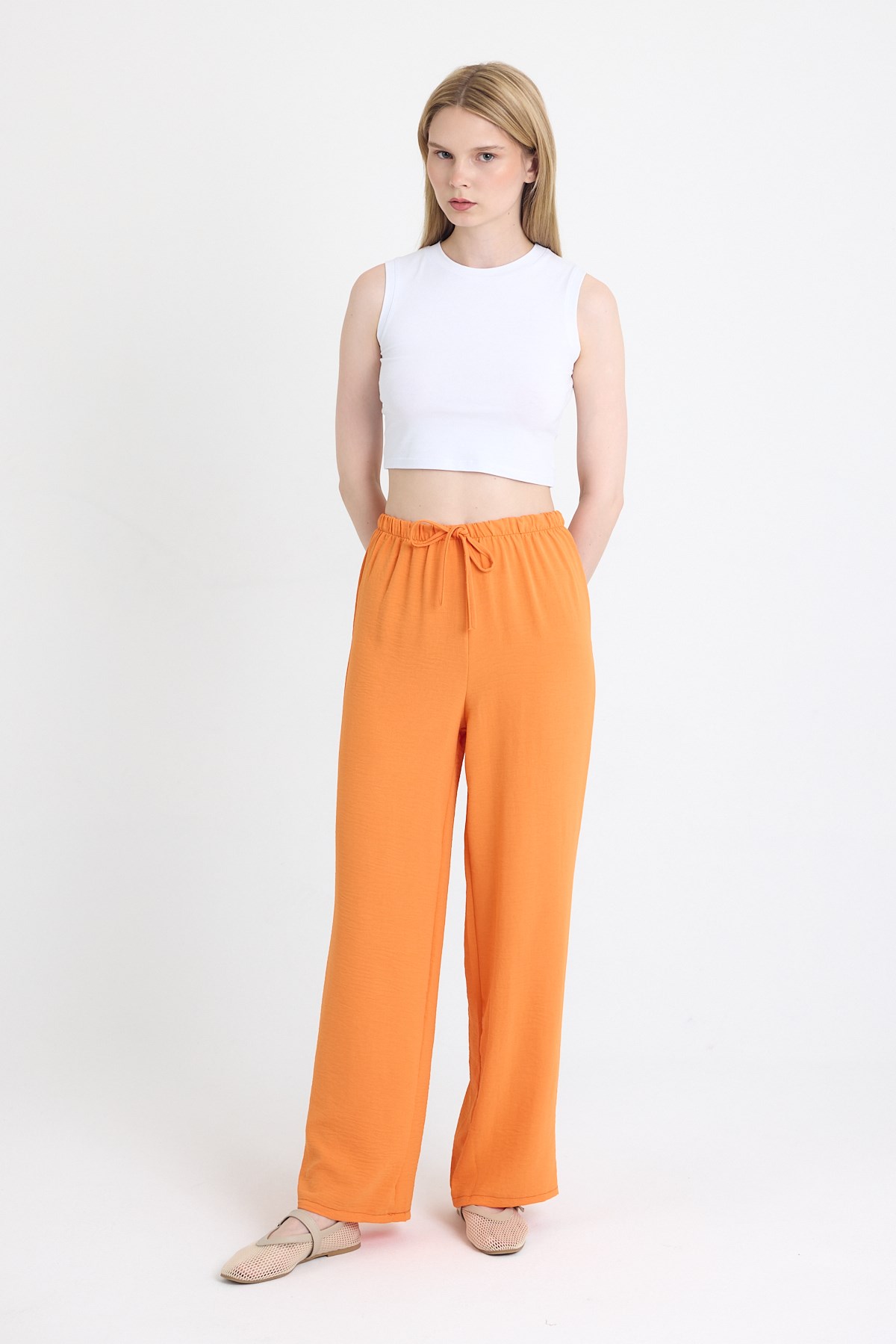 Orange Beli Lastikli Bol Paça Dokuma Pantolon 4284-1