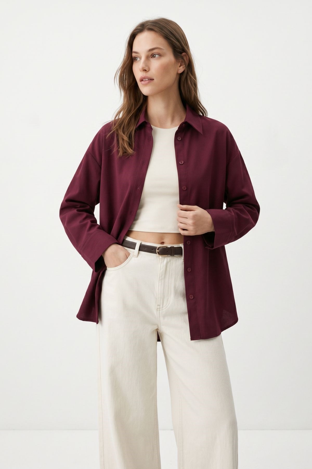 Bordo Relaxed Fit Rahat Kesim Basic Gömlek - 6621A 2