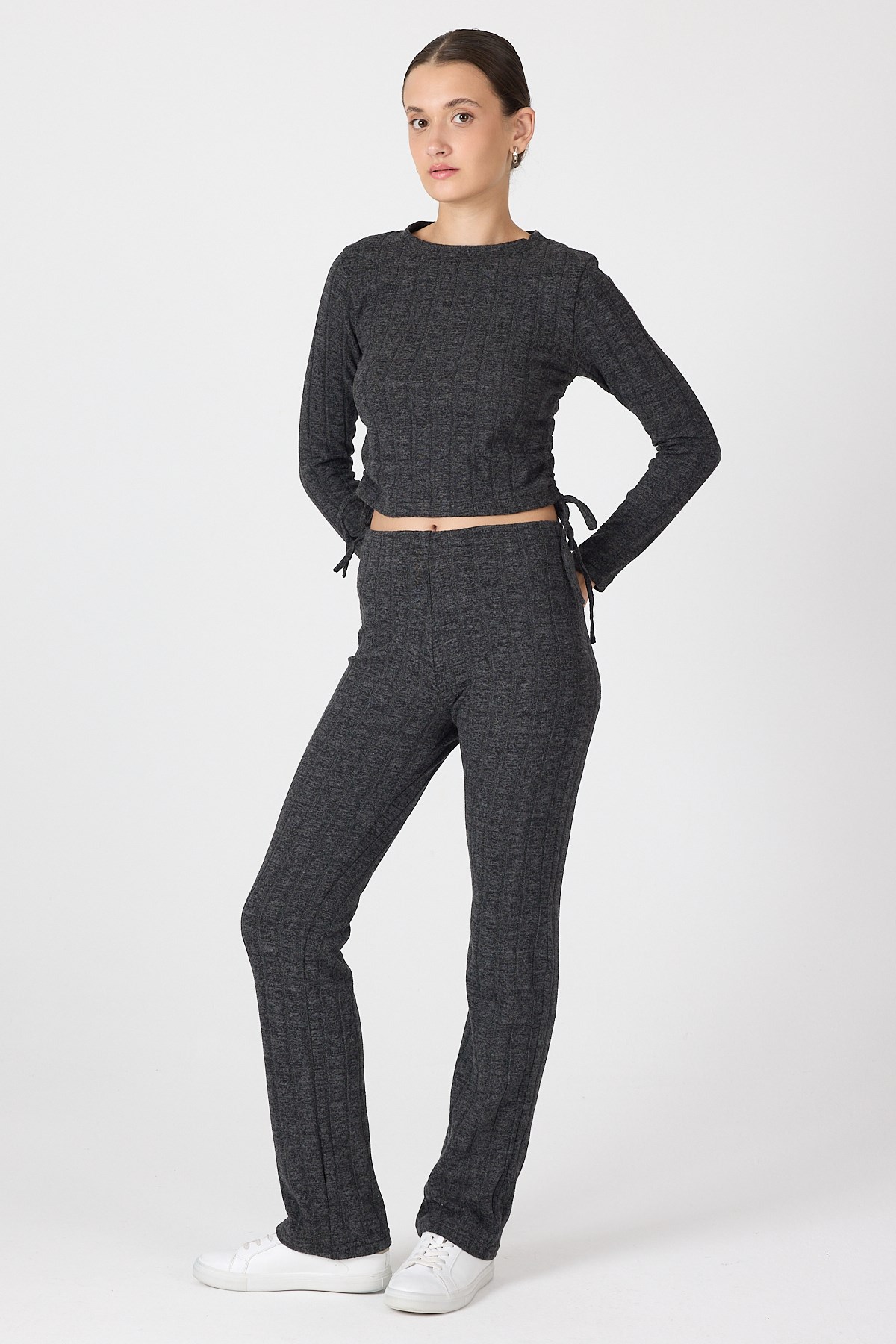 Siyah Fitilli Crop Bluz Pantolon İkili Takımı 8114A