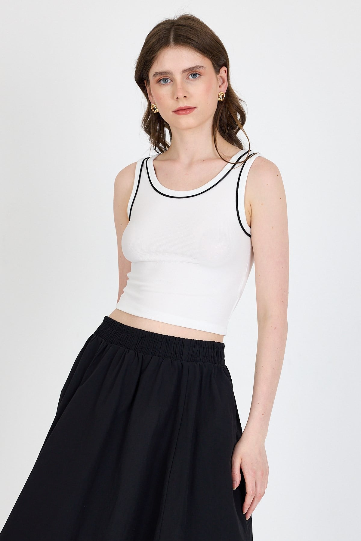 Ekru Şerit Detaylı Örme Crop Atlet 1049 2