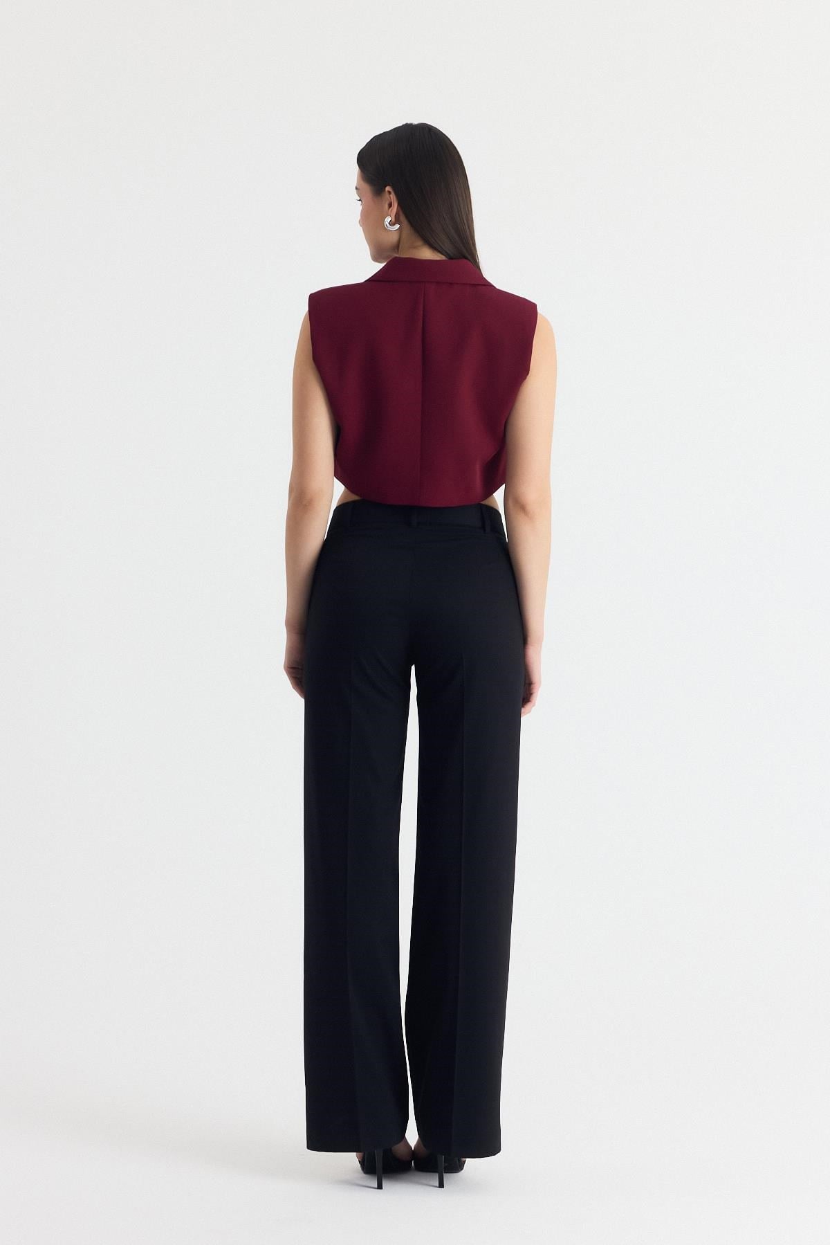 Bordo Crop Vatkalı Tek Düğme Cep Detay Yelek 6929 6