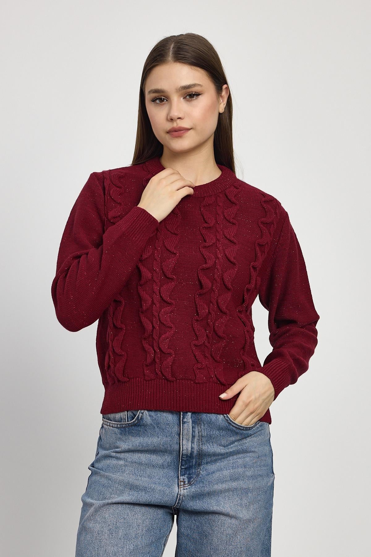 Simli Fırfır Detay Kazak 24364 Bordo 2