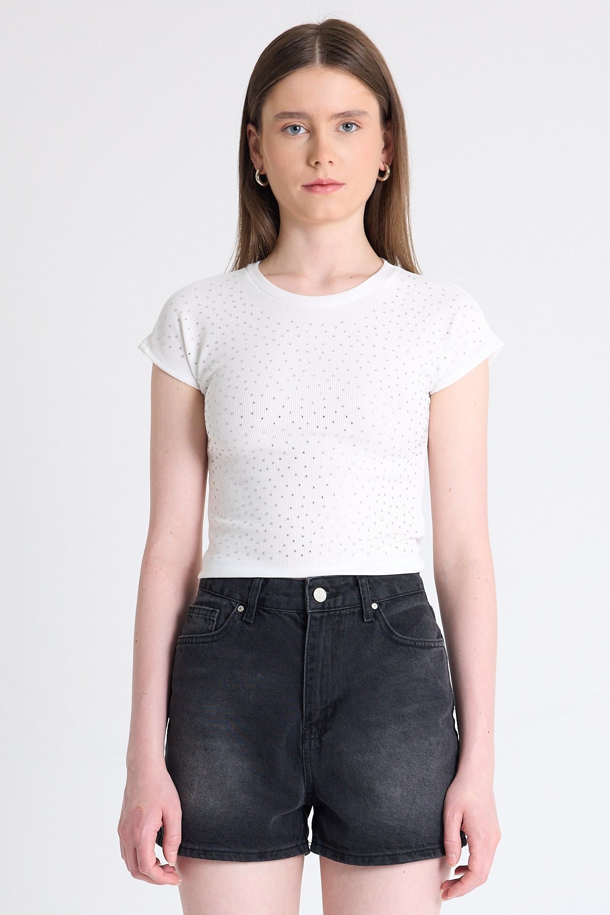 Beyaz Taş Detaylı Slim Fit Crop Tişört 9207M 2