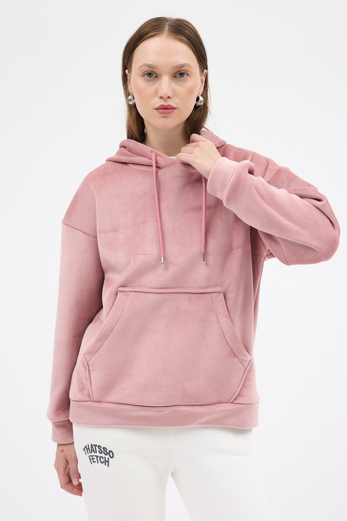 Pembe Kadın Peluş Kanguru Cepli Kapüşonlu Sweatshirt 3061A 8